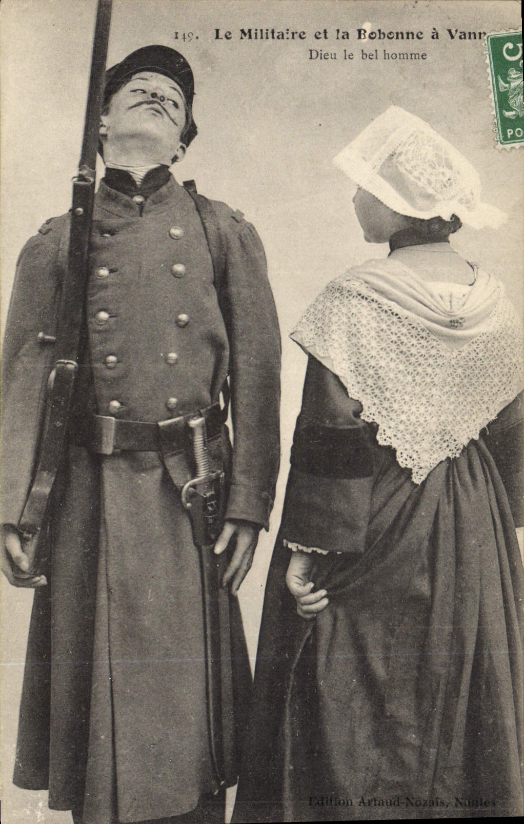 CPA Folklore Le Militaire et la Bobonne a Vannes Dieu le bel homme Militaria 