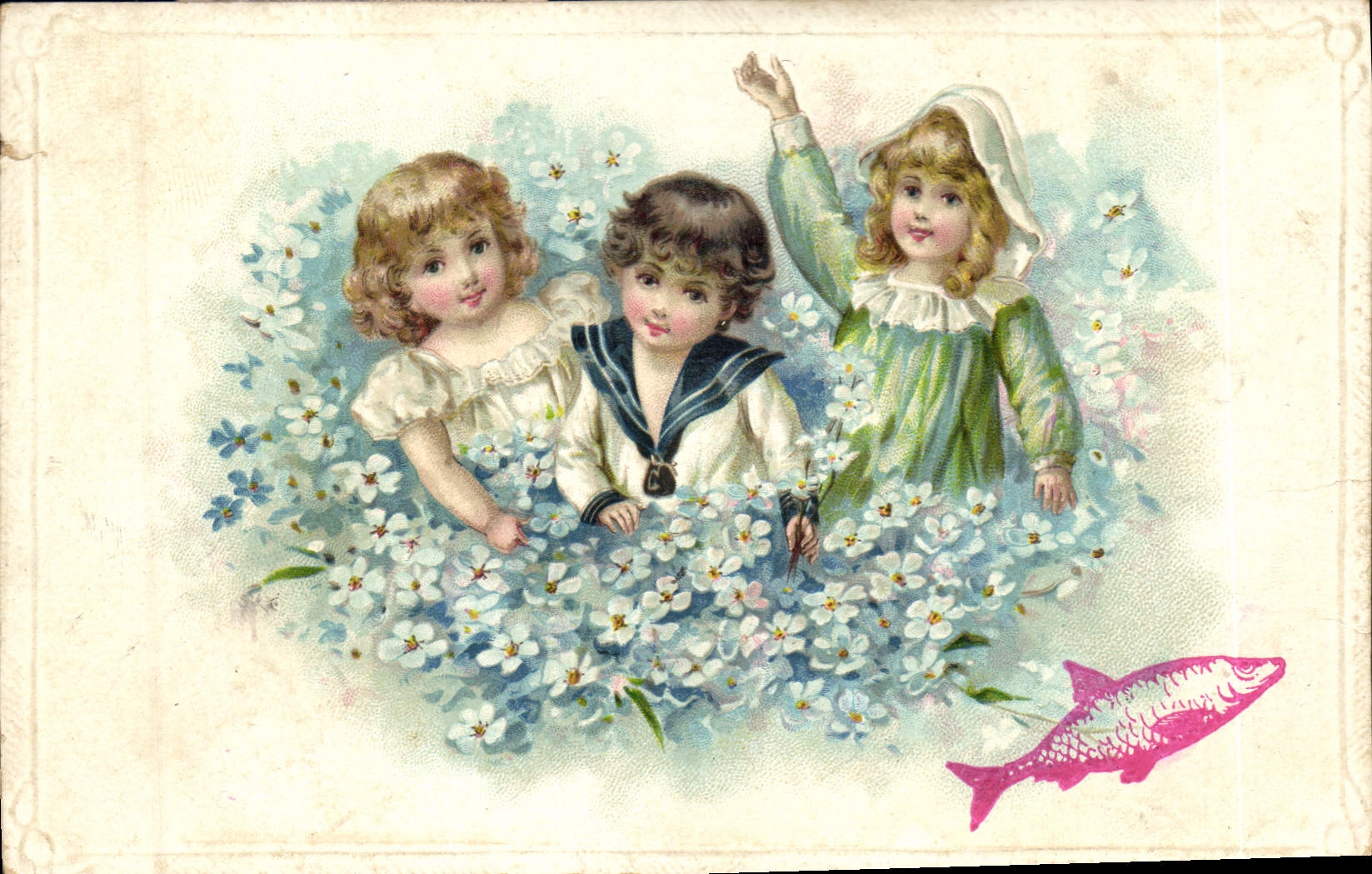 CPA Fantaisie Fleurs Enfants Poisson 