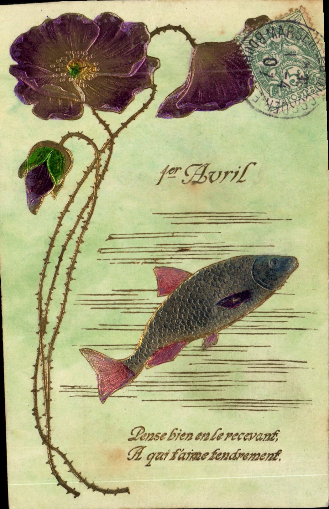 CPA Fantaisie Fleurs Poisson 1er AVril (décor argenté) 
