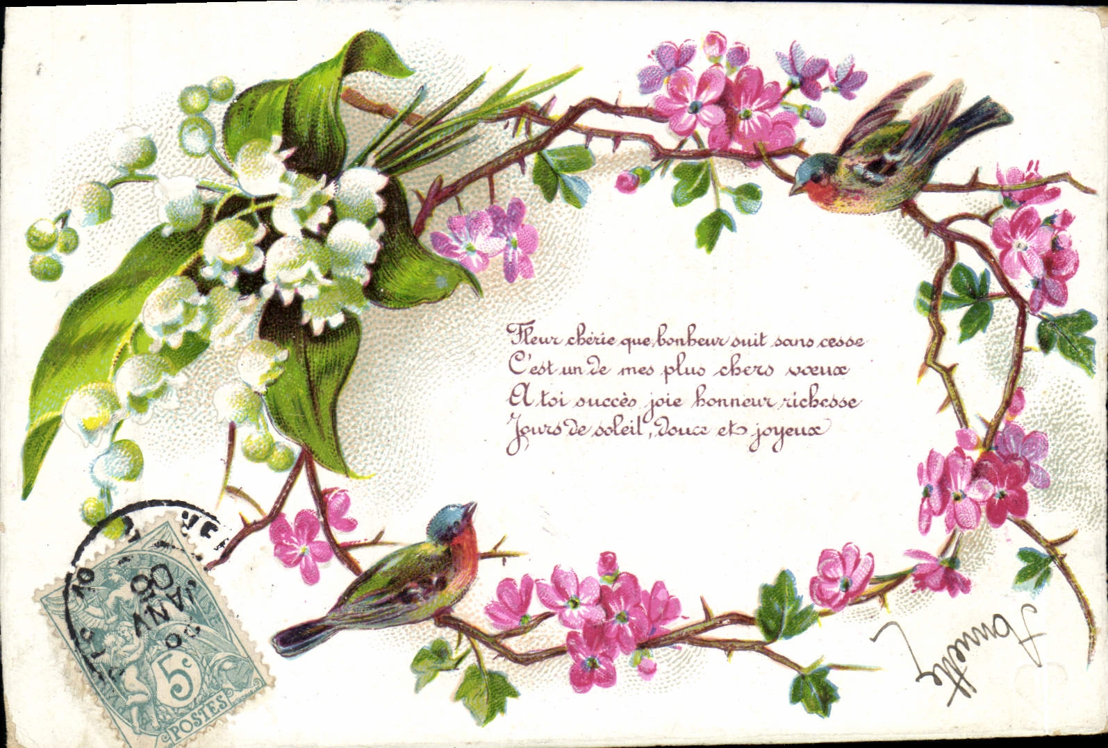 CPA Fantaisie Fleurs Oiseaux 
