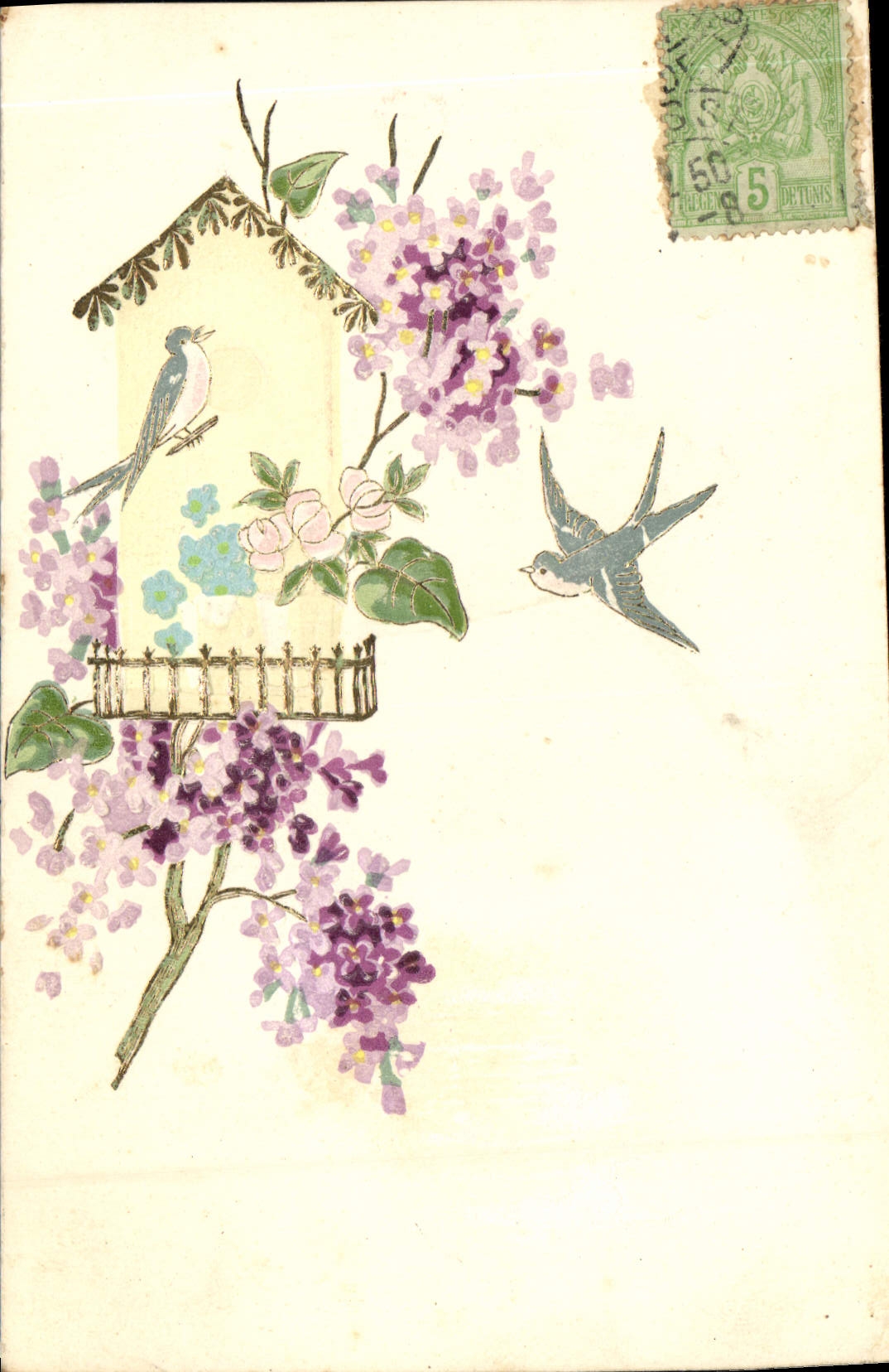 CPA Fantaisie Fleurs Oiseau 