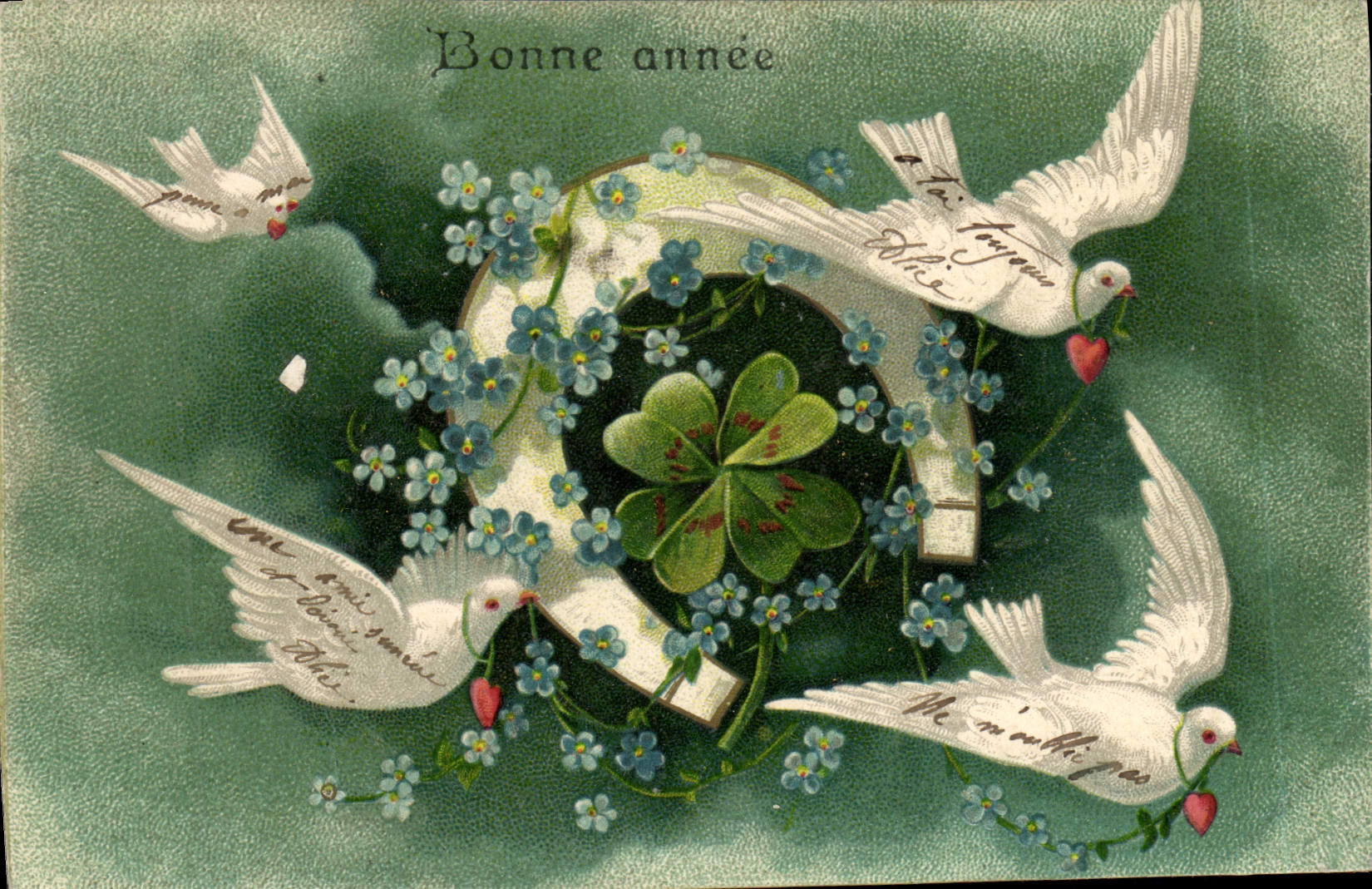 Vintage Postcard Fantasy Flowers Clover Doves