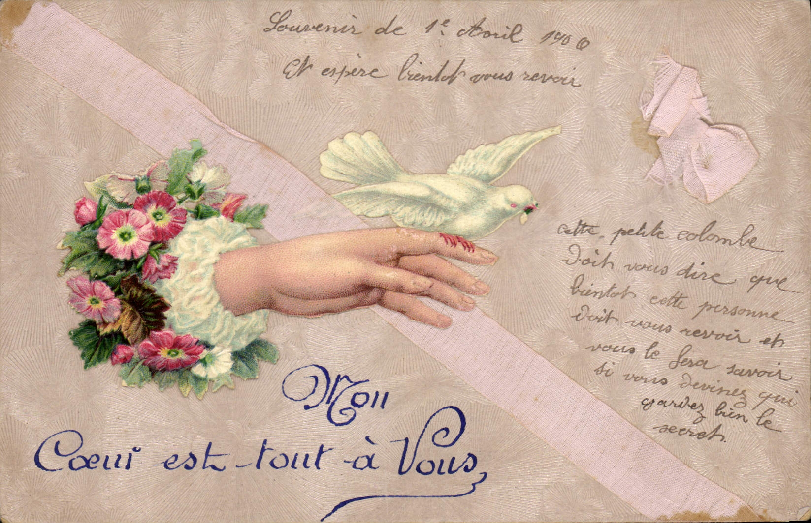 CPA Fantaisie Fleurs Main Colombe 