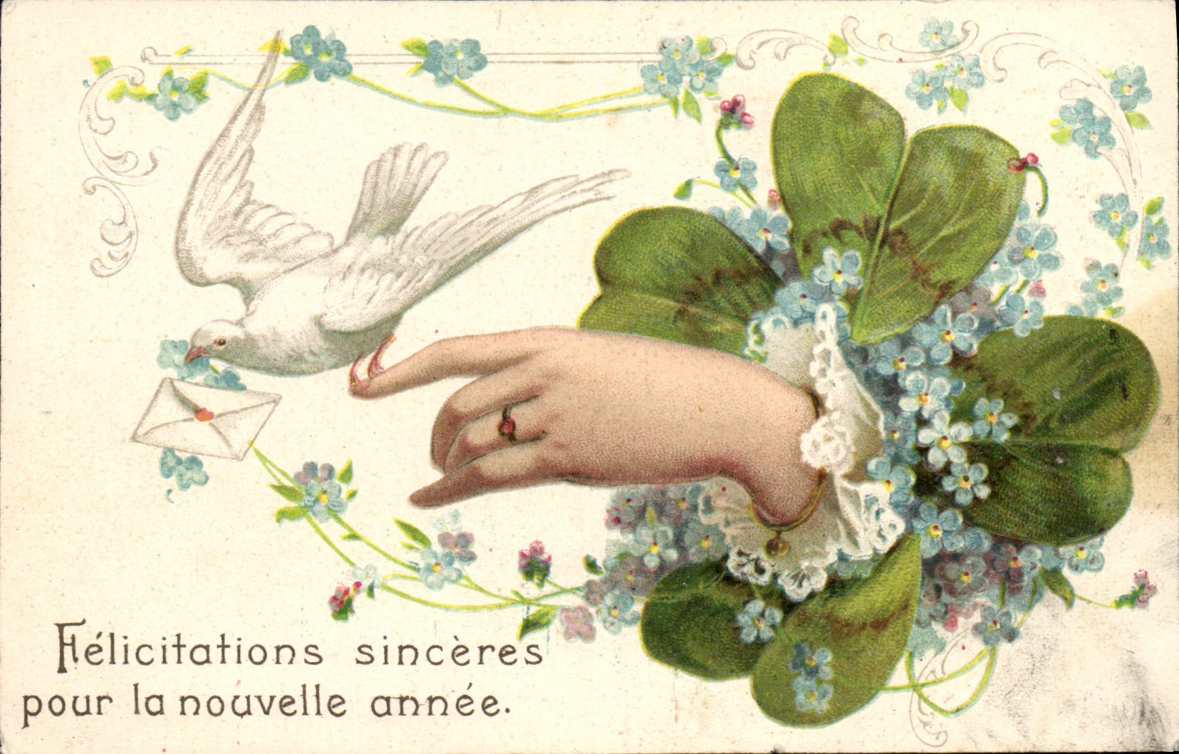 CPA Fantaisie Fleurs Main Colombe Trefle 