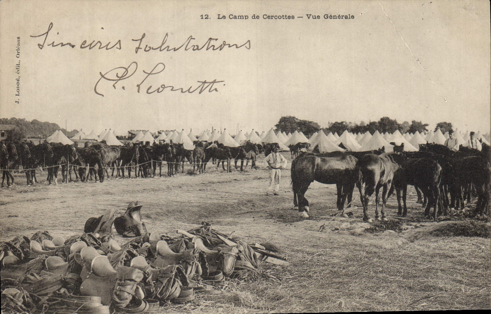 Postal Caballo Equitación Hípica el campo de Cercottes Vista general Militaria