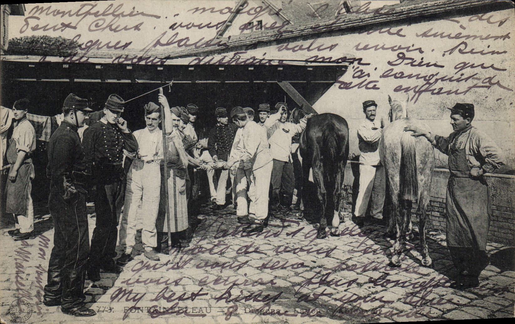 Postal Caballo Equitación Hípica Fontainebleau Dragones Militaria