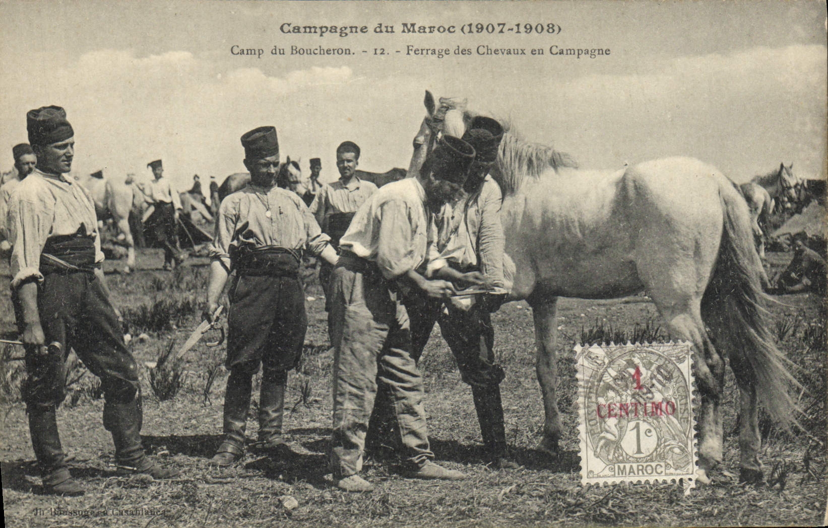 CPA Cheval Equitation Hippisme Campagne du Maroc 1907 1908 Camp du boucheron Ferrage des chevaux en campagne Militaria