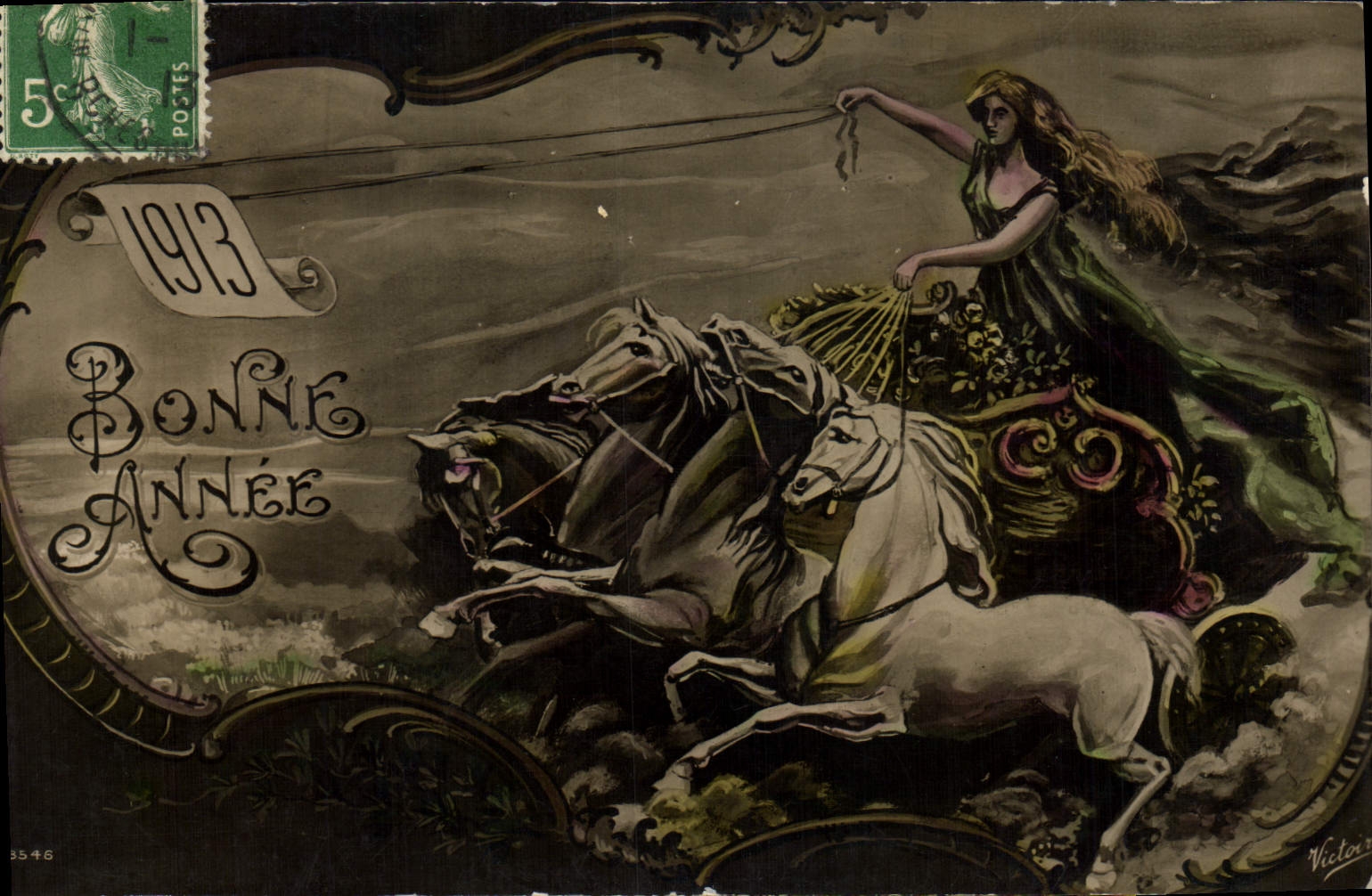 Vintage Postcard Fantasy Woman Year 1913 Horses