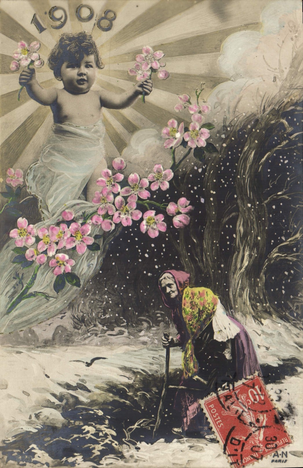 CPA Fantaisie Fleurs Annee 1908 Enfant Vieille femme 
