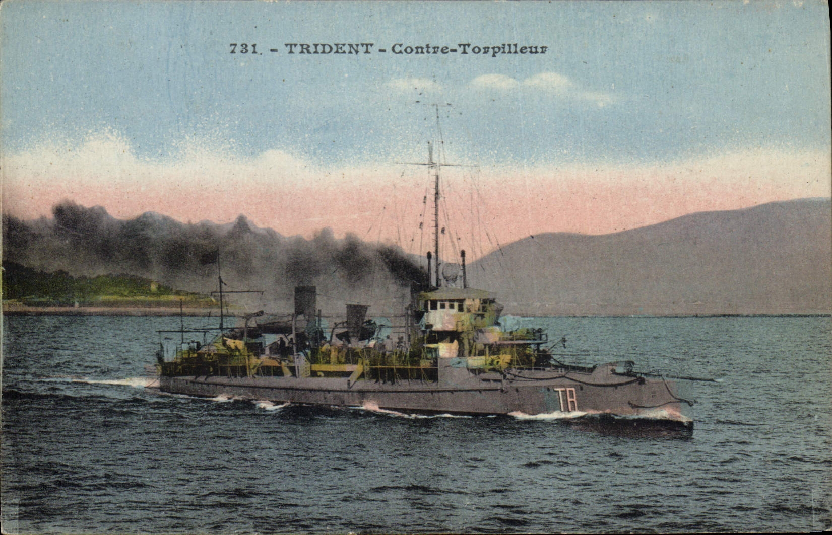 Vintage Postcard Warship Trident Against destroyer