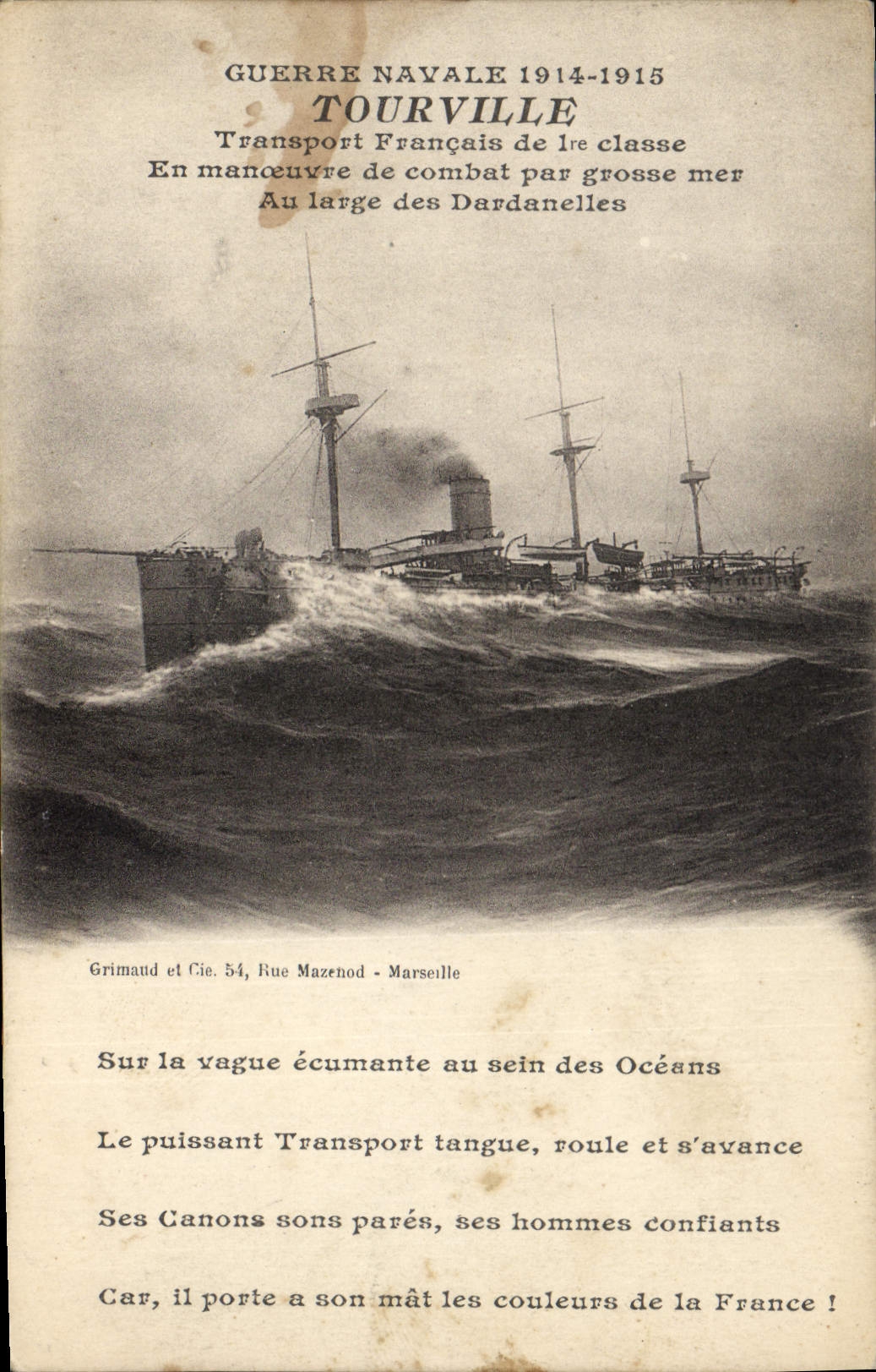 CPA Bateau de Guerre Tourville Transport Francais de 1ere classe en manoeuvre par grosse mer au large des Dardanelles 