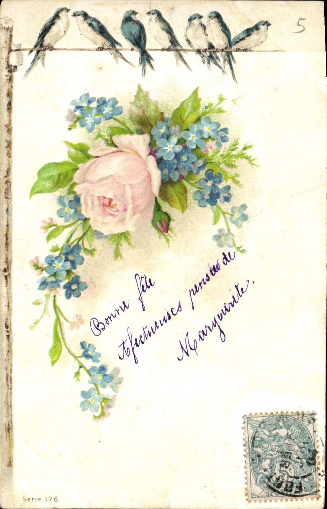 CPA Fantaisie Fleurs Hirondelles 