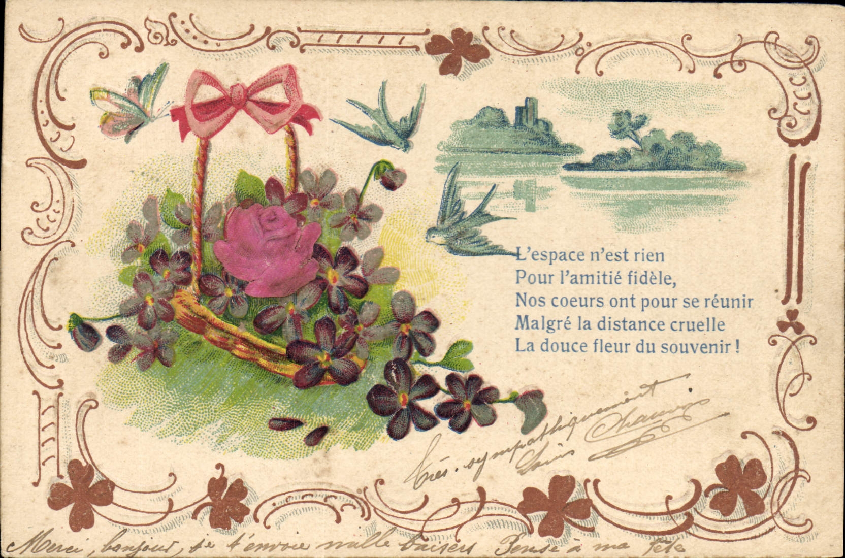 CPA Fantaisie Fleurs Hirondelles 