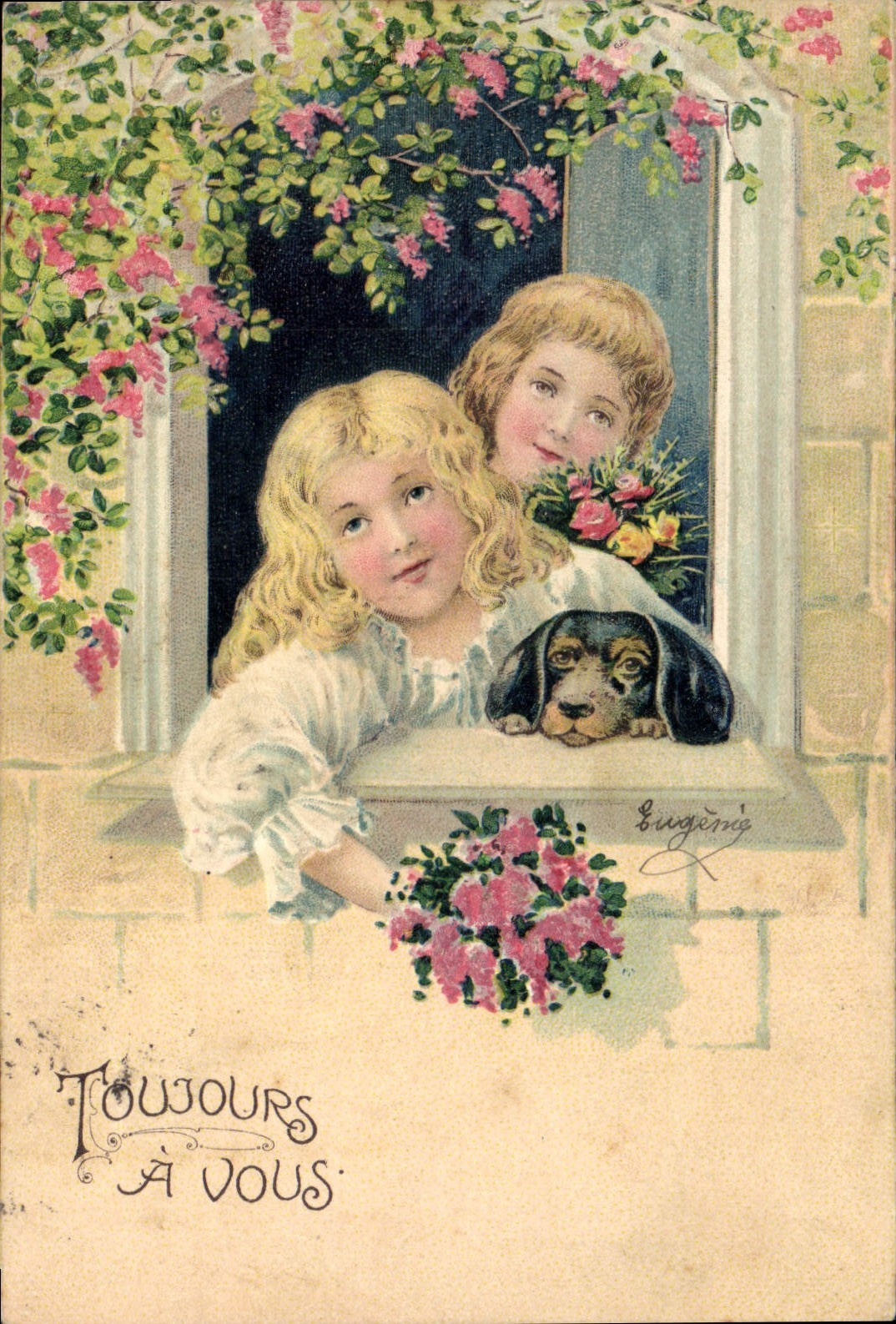 CPA Fantaisie Fleurs Enfants Chien 