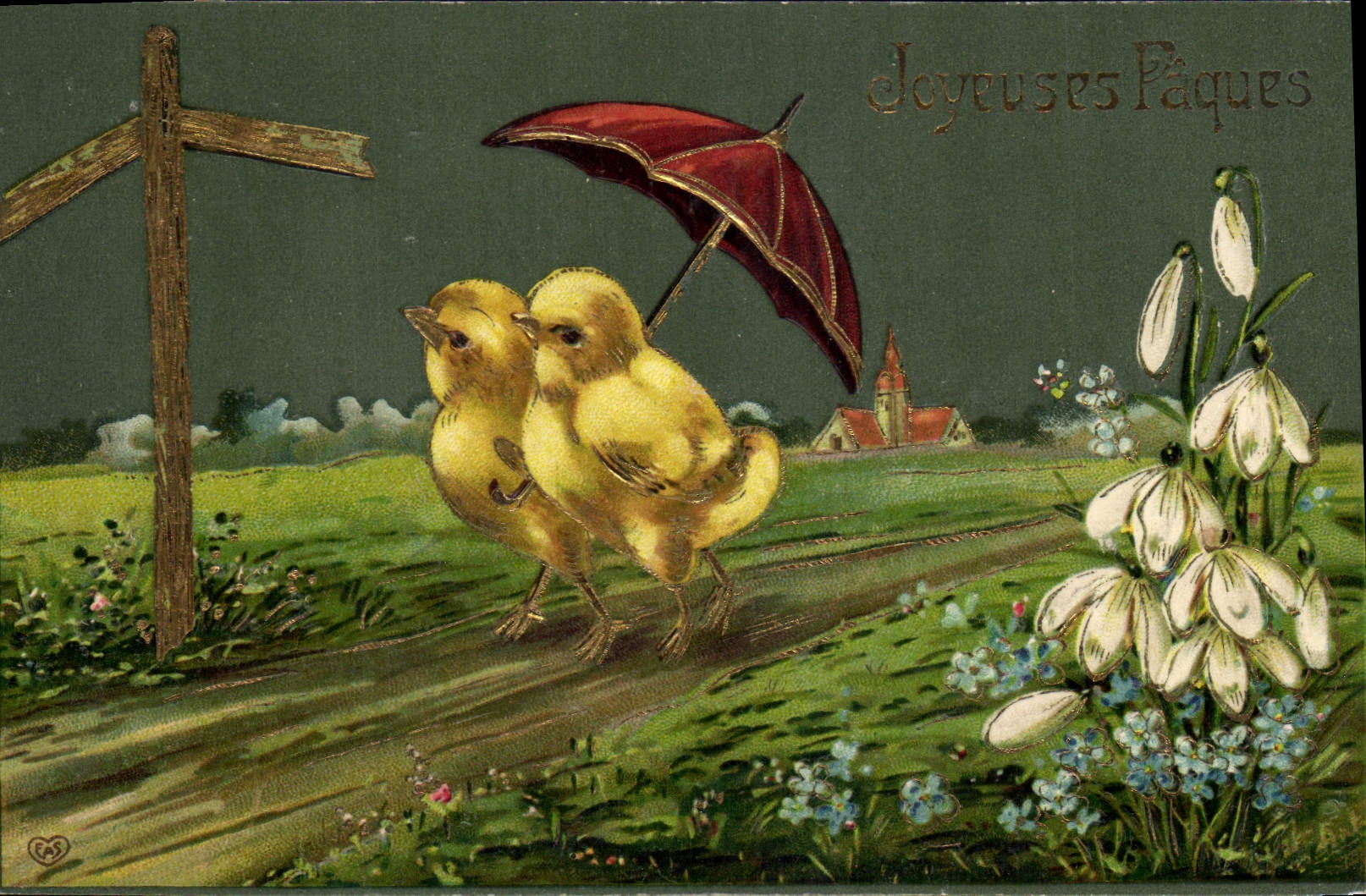 CPA Fantaisie Fleurs Poussins Paques 