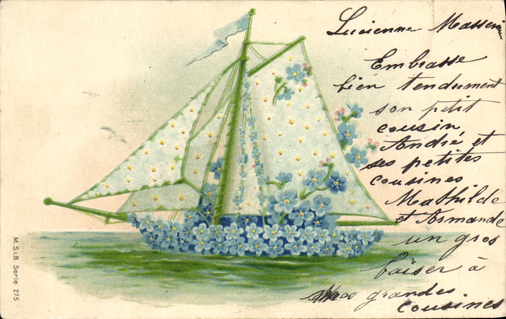 CPA Fantaisie Fleurs Bateau Voilier 