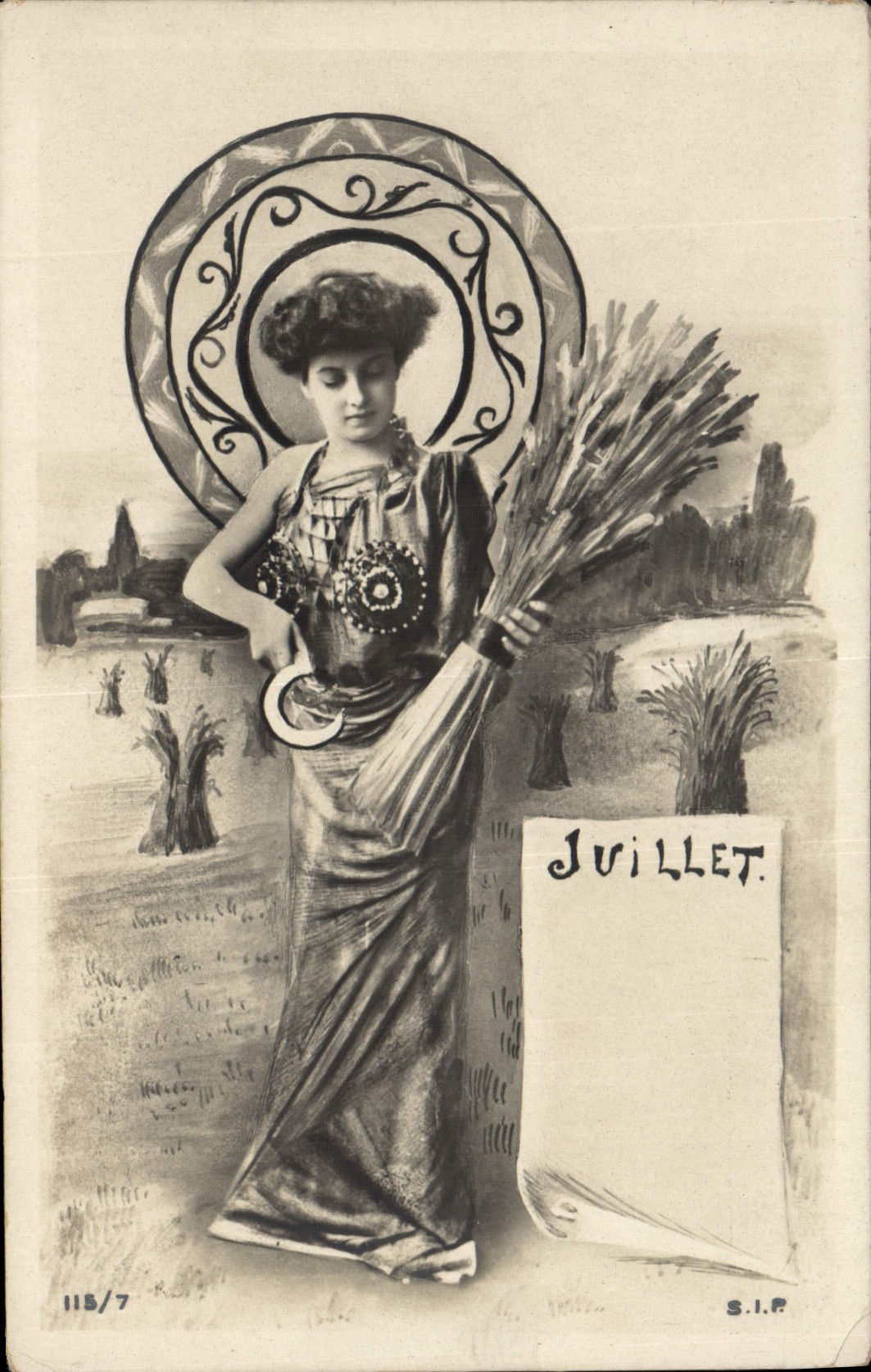 Vintage Postcard Fantasy Flowers Woman July