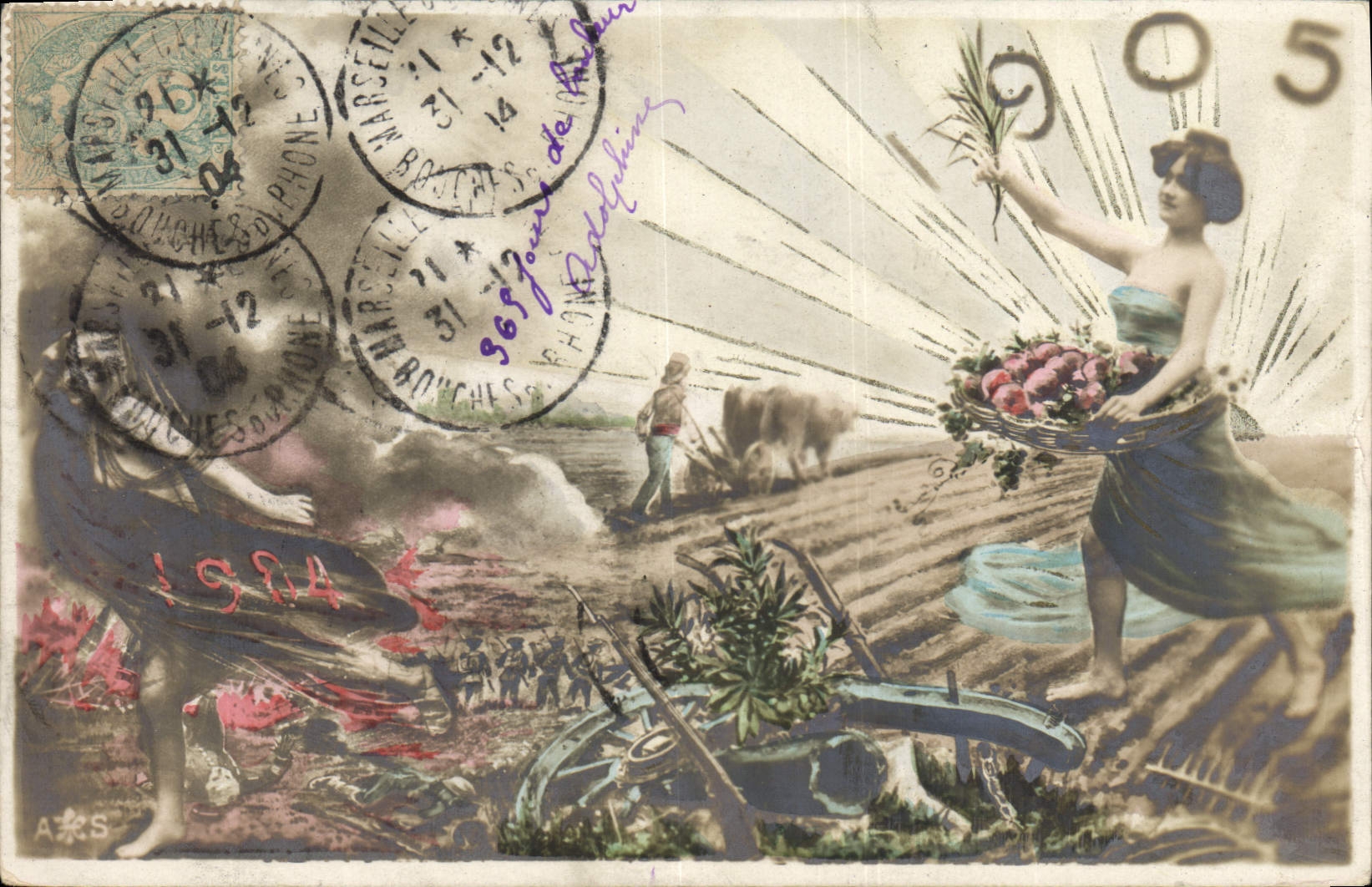 CPA Fantaisie Fleurs Annee 1905 Femme Laboureur