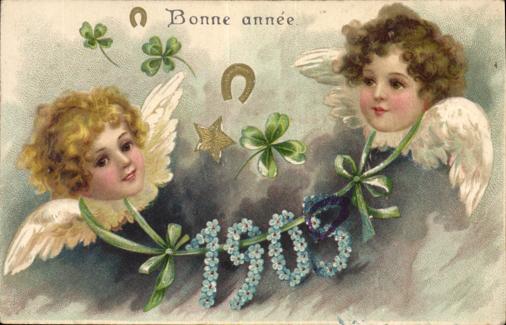CPA Fantaisie Fleurs Annee 1905 Anges Ange Fer a cheval Trefle