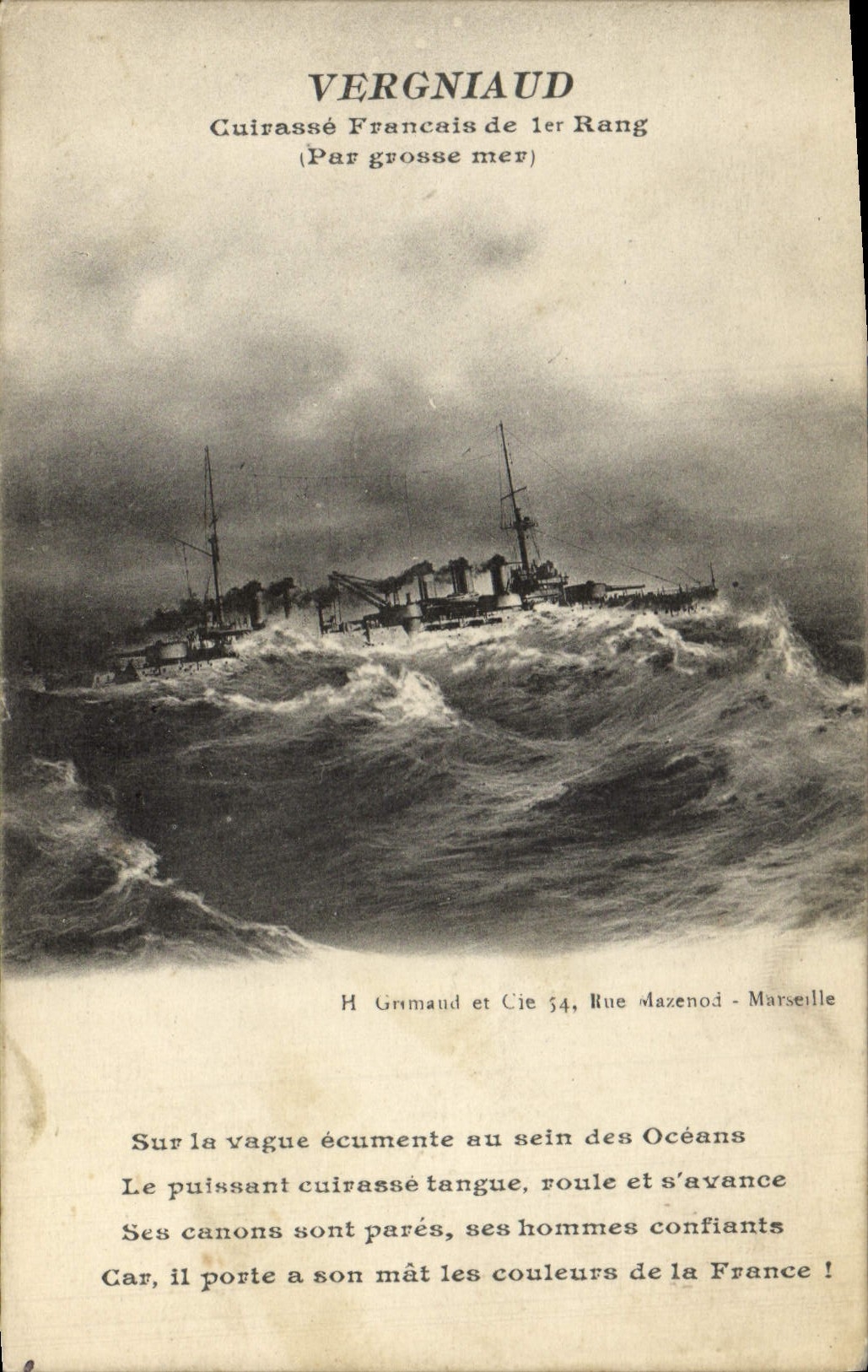 Vintage Postcard Warship Vergniaud Armours French 1st rank by heavy sea