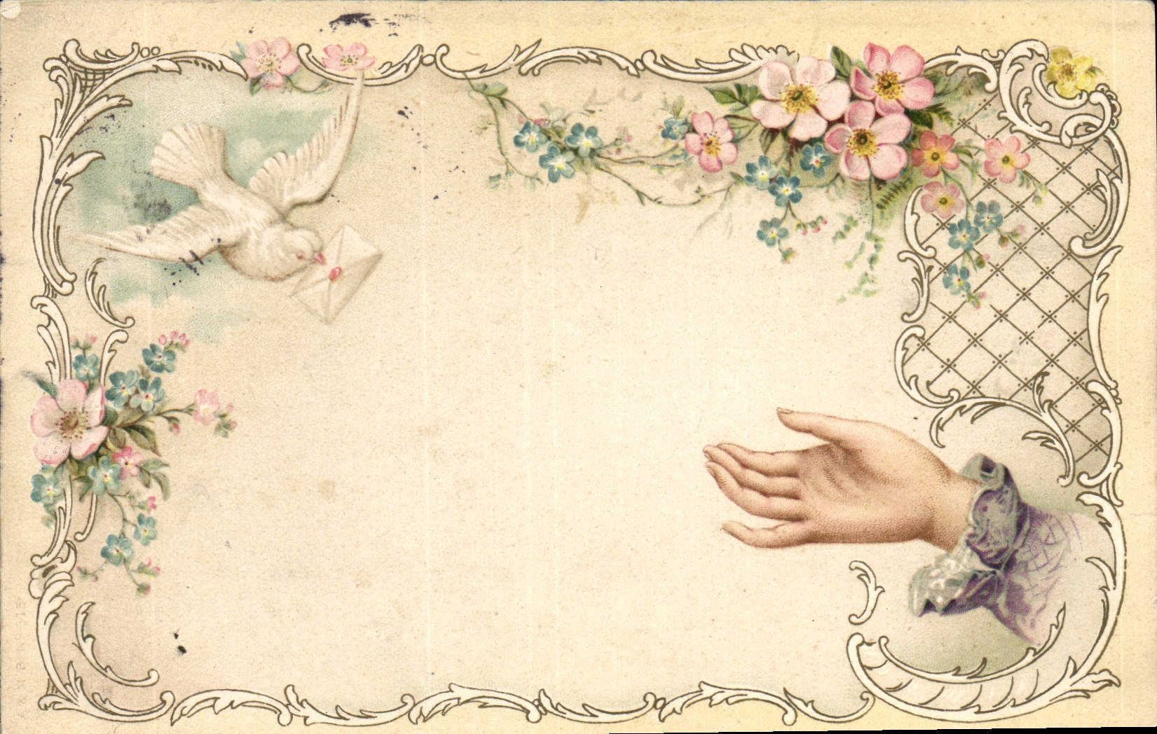 Vintage Postcard Fantasy Hand Flowers Dove