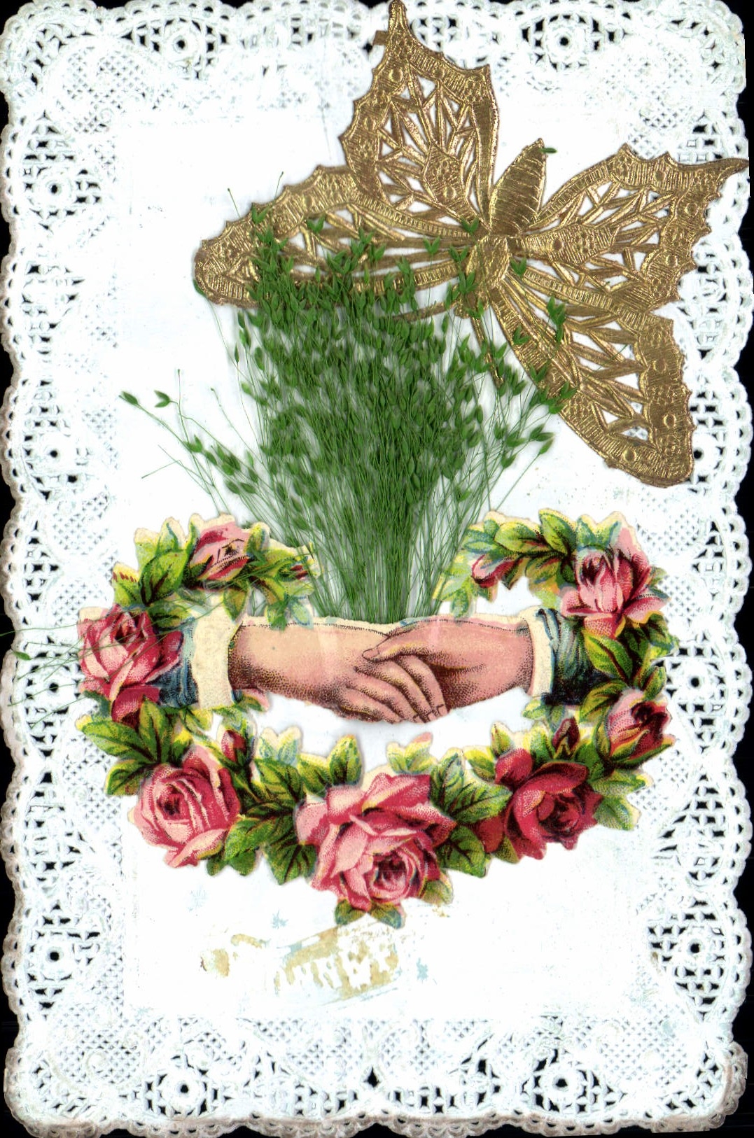 CPA Fantaisie Brodee Main Fleurs Papillon