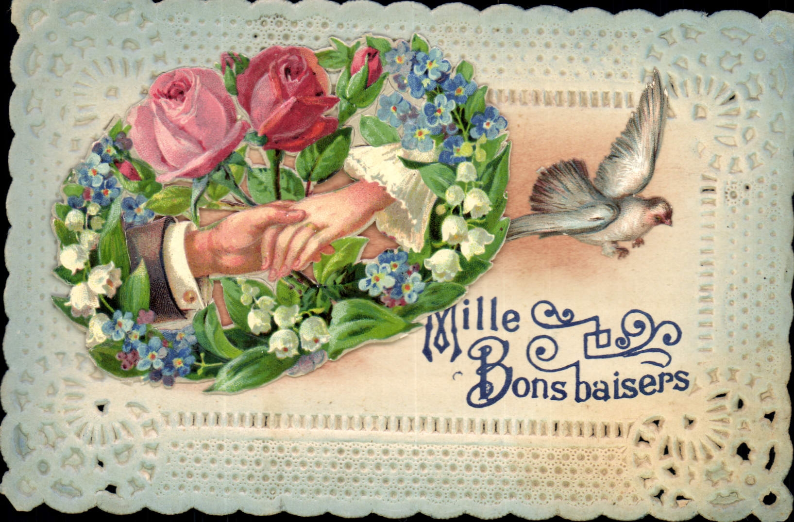 CPA Fantaisie Brodee Main Fleurs Colombe