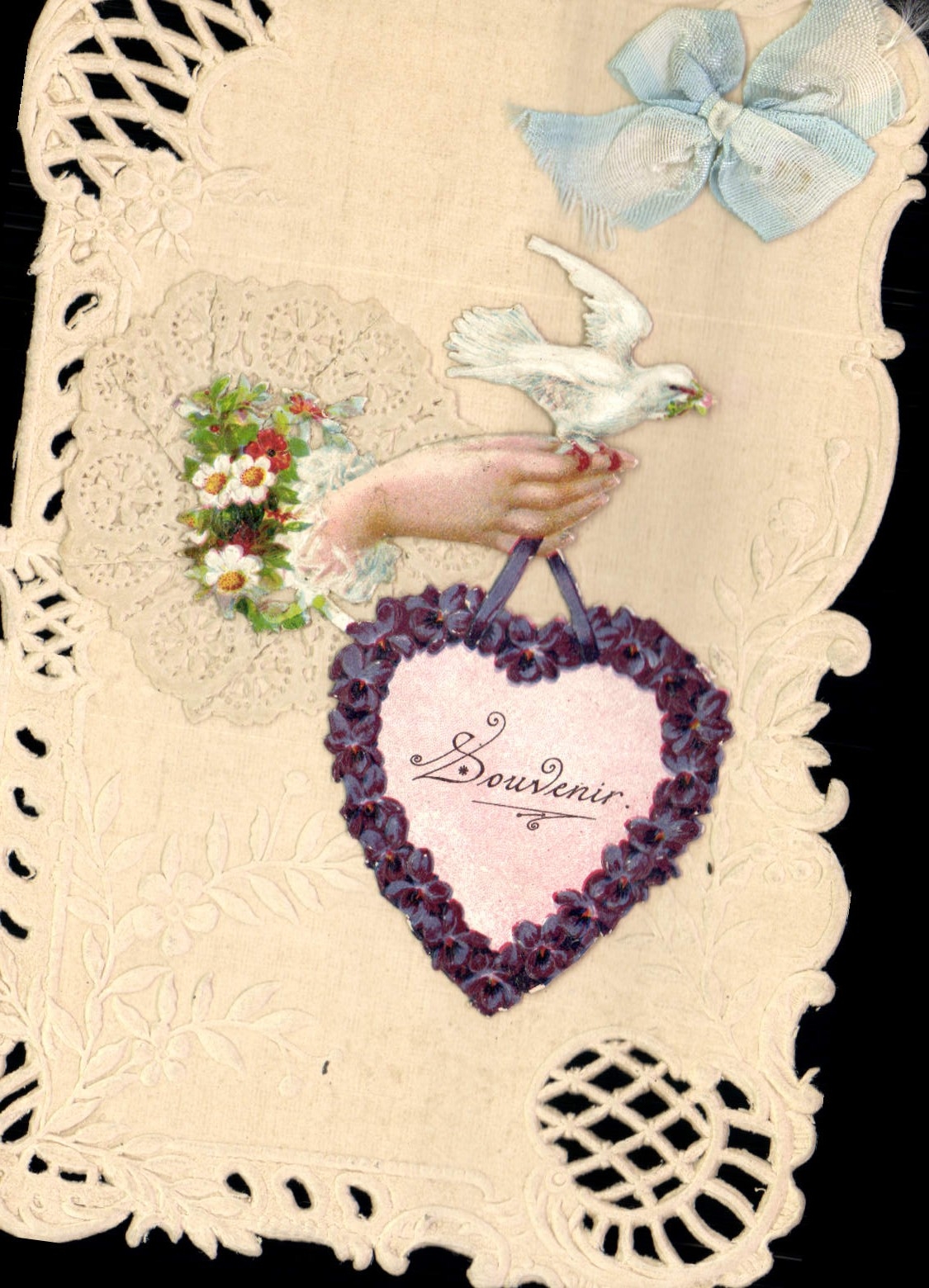 CPA Fantaisie Brodee Main Fleurs Colombe 