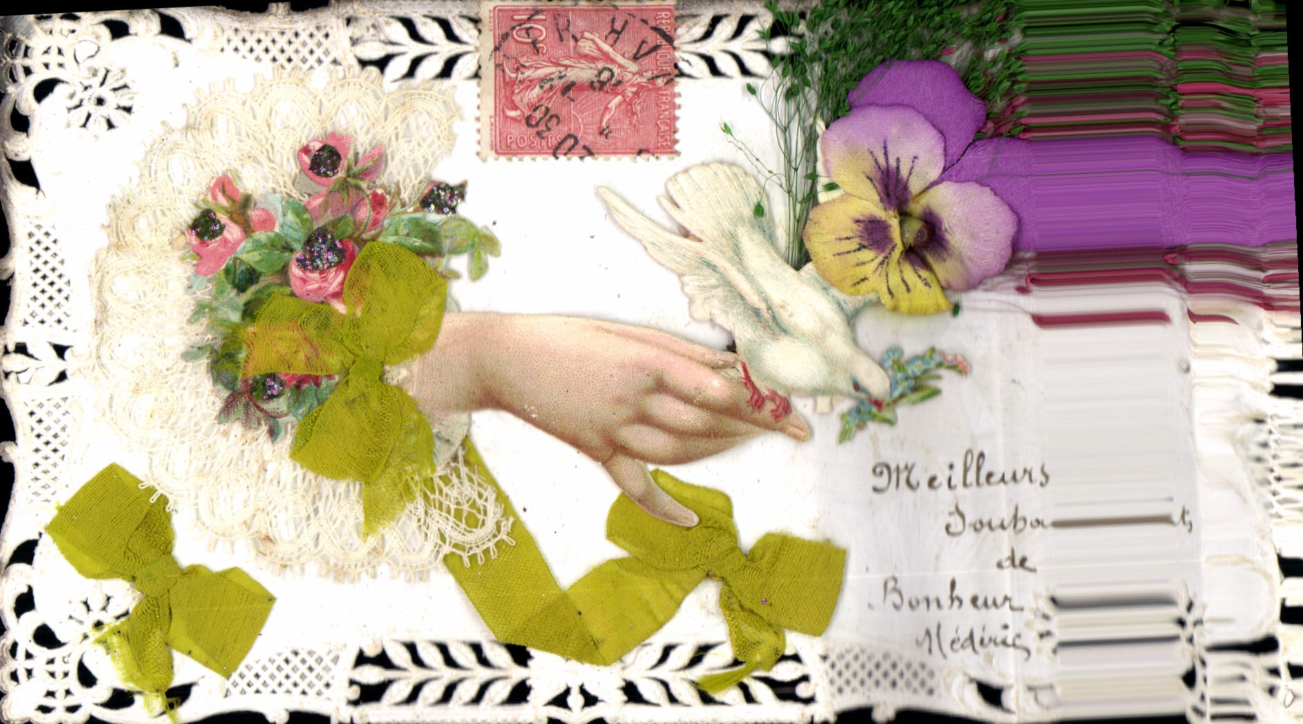 CPA Fantaisie Brodee Main Fleurs Colombe 