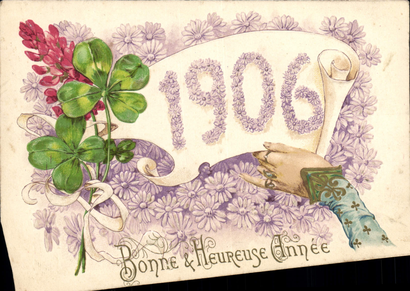 CPA Fantaisie Main Fleurs Annee 1906 Trefles