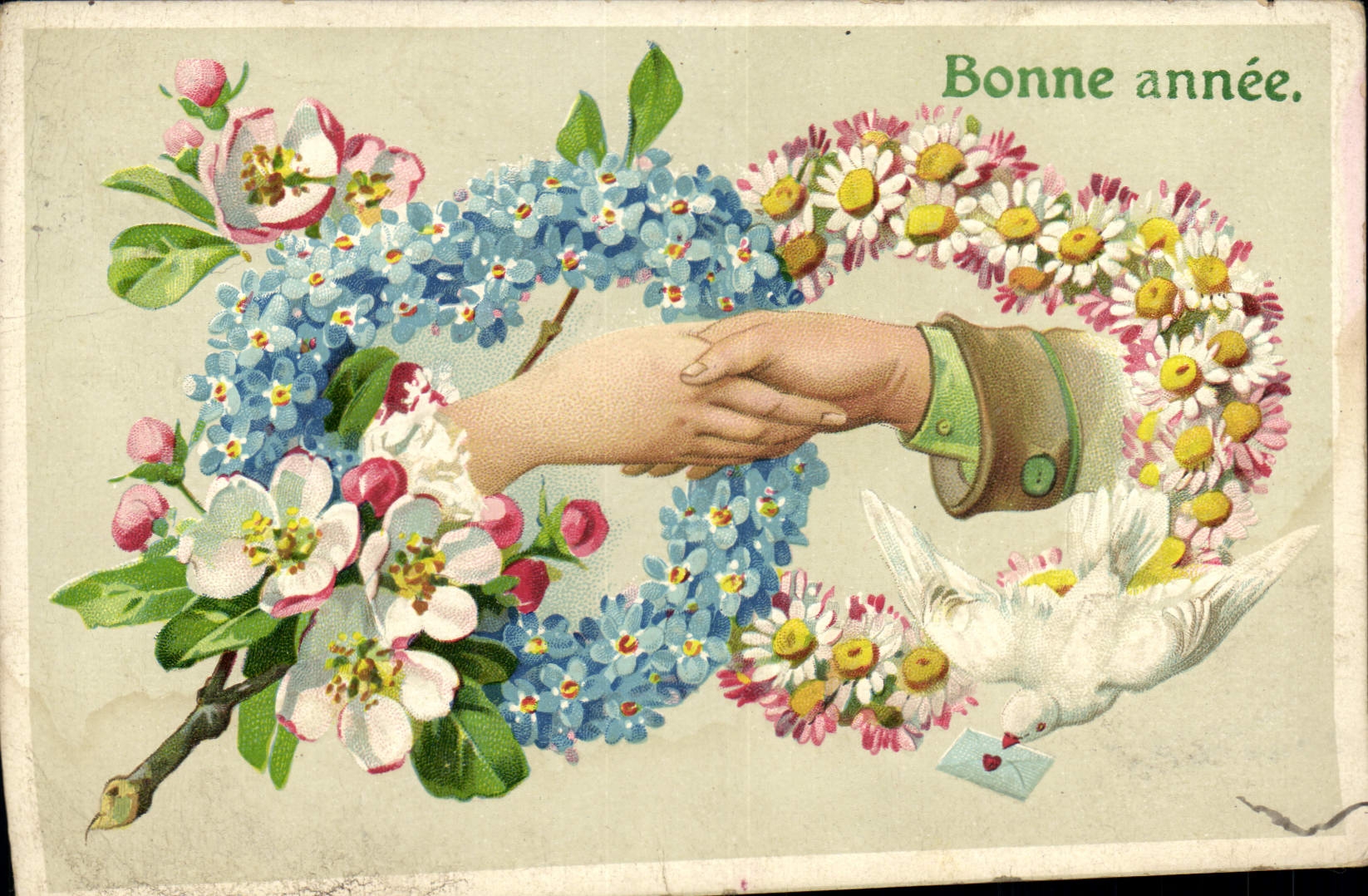 CPA Fantaisie Main Fleurs Colombe