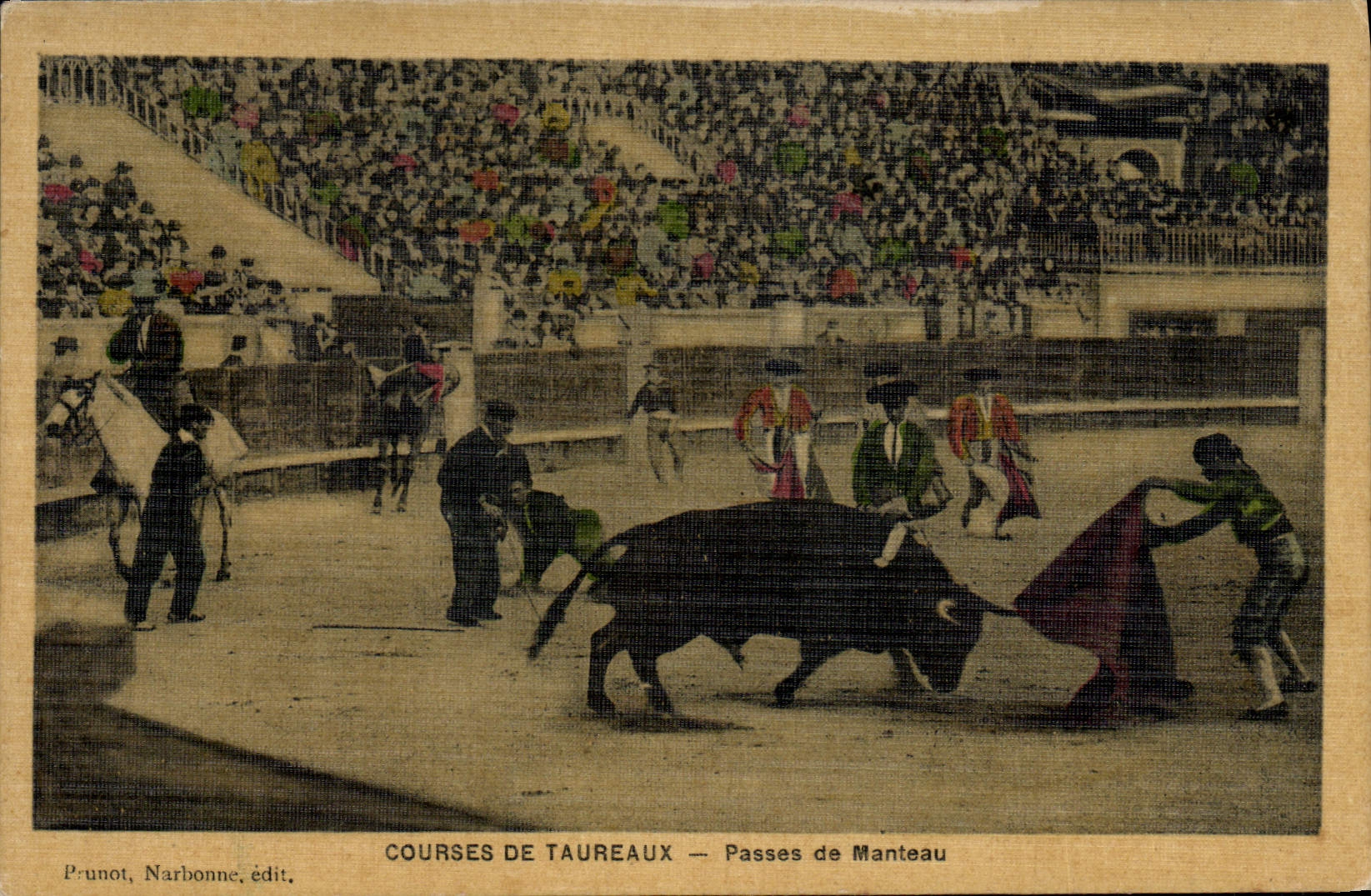 CPA Corrida Course de taureaux Passes de manteau (carte toilee) 