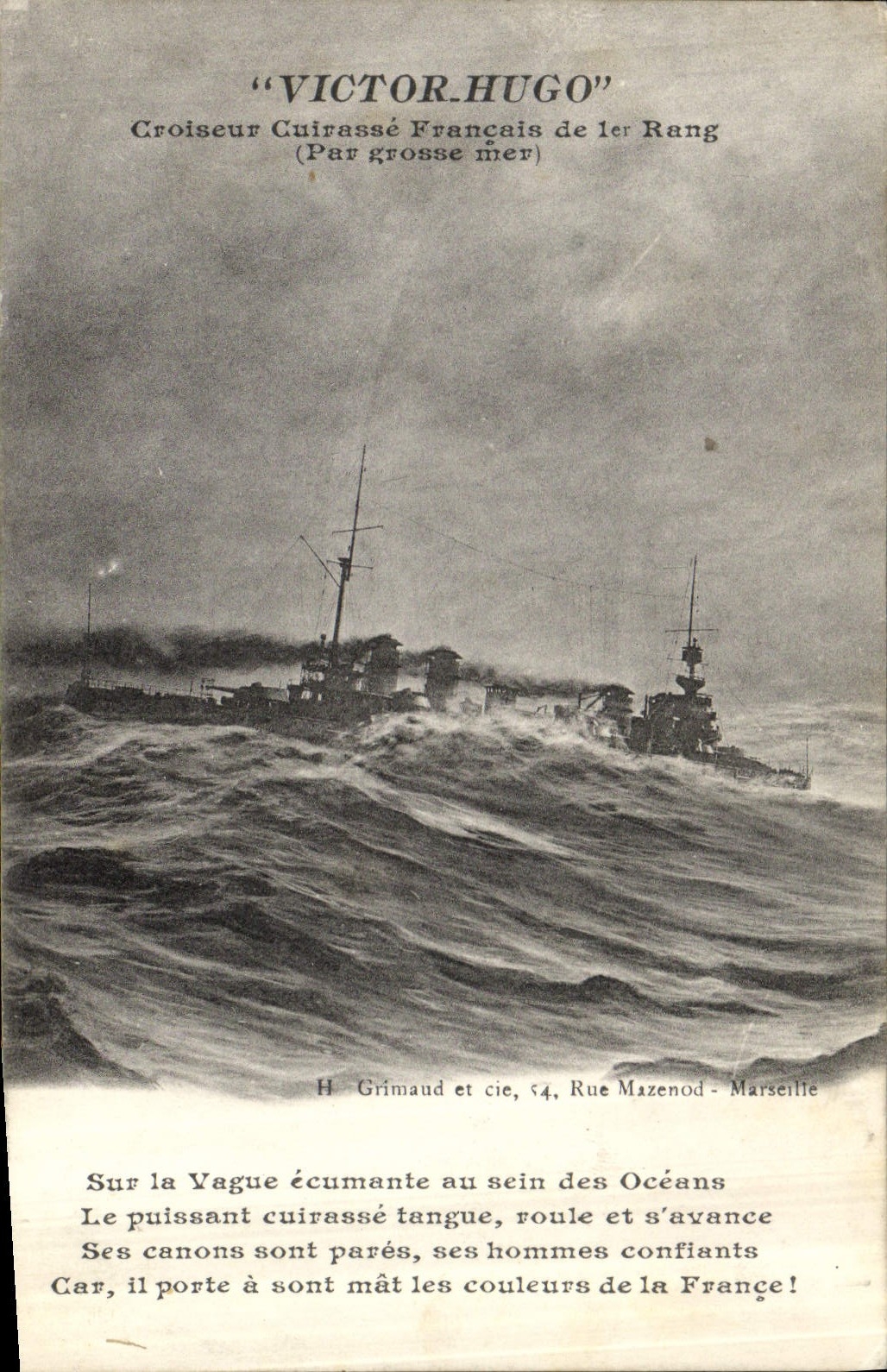Vintage Postcard Warship Victor Hugo Croiseur armours French 1st rank by heavy sea