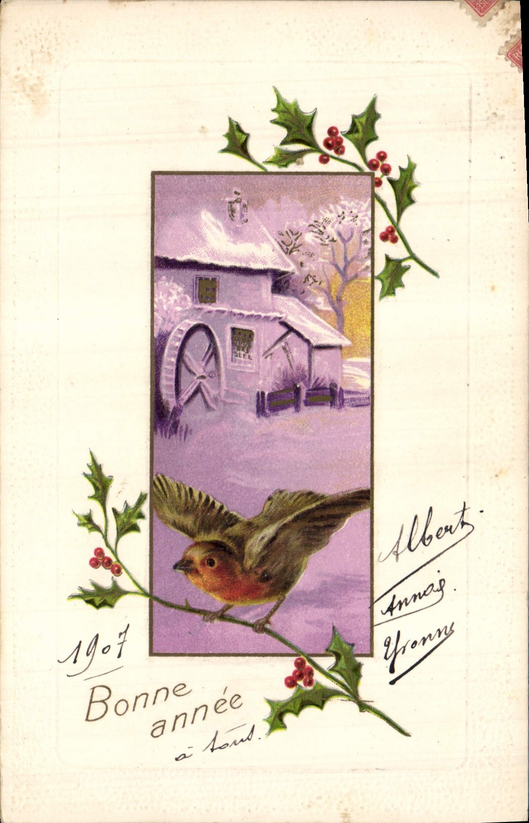 Vintage Postcard Fantaisie Flowers Bird Water mill