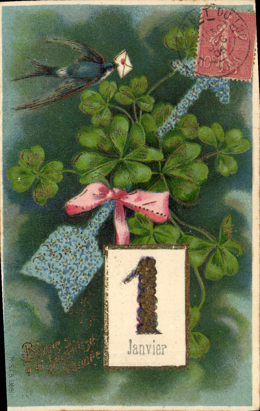 Vintage Postcard Fantasy Flowers Clover Swallow