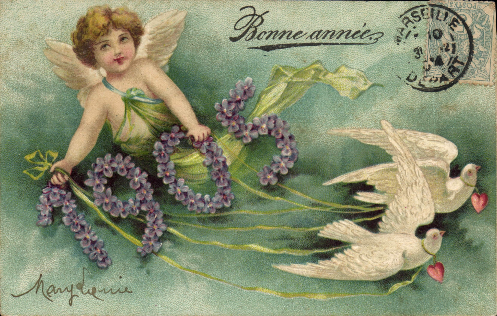 Vintage Postcard Fantasy Flowers Year 1905 Doves Angels