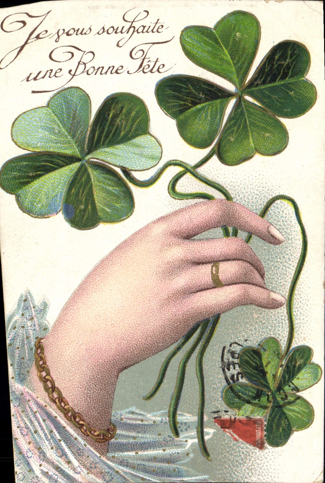 Vintage Postcard Fantasy Hand Flowers Clover