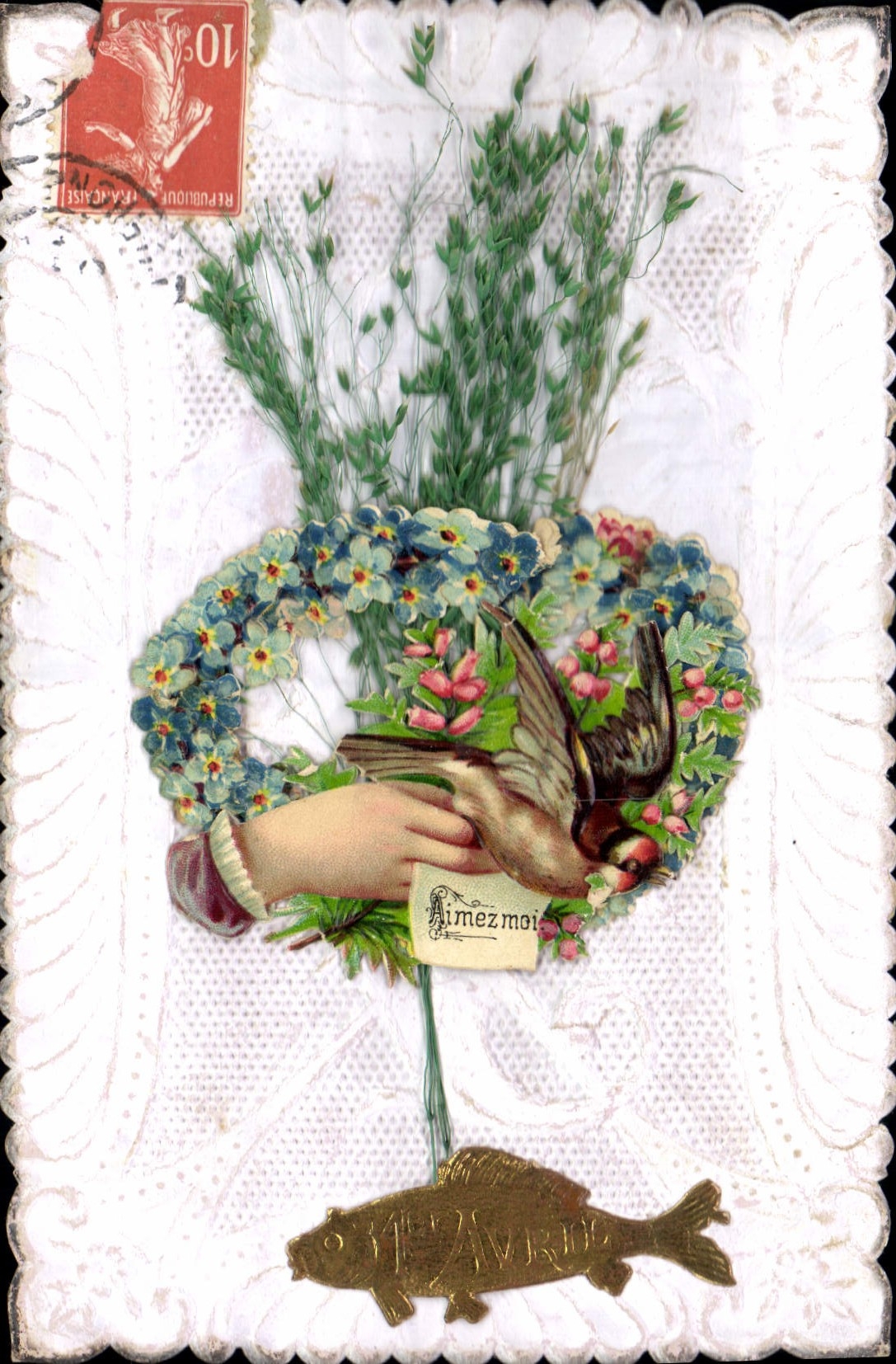 Vintage Postcard Fantasy Hand Flowers Poisson Bird