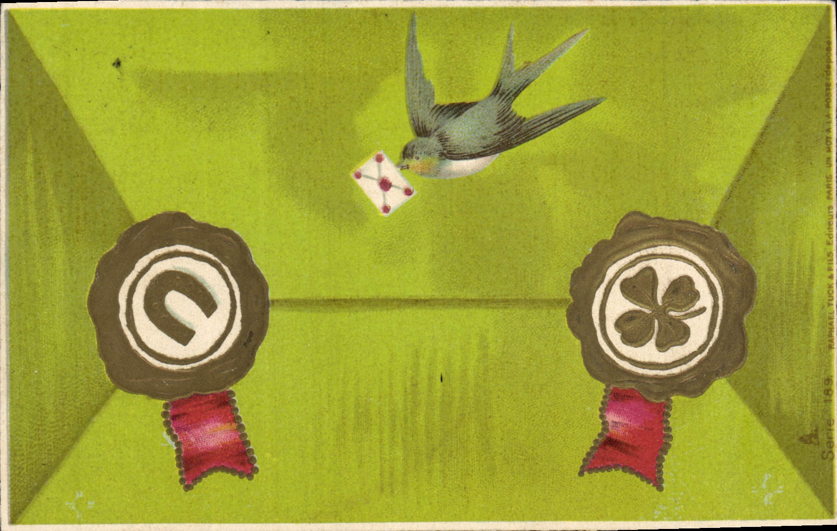 Vintage Postcard Fantaisie Flowers Swallow Horseshoe