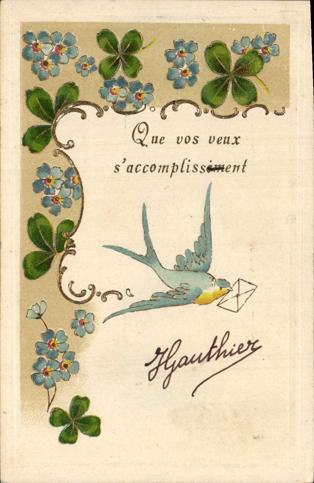 Vintage Postcard Fantasy Flowers Swallow Clover