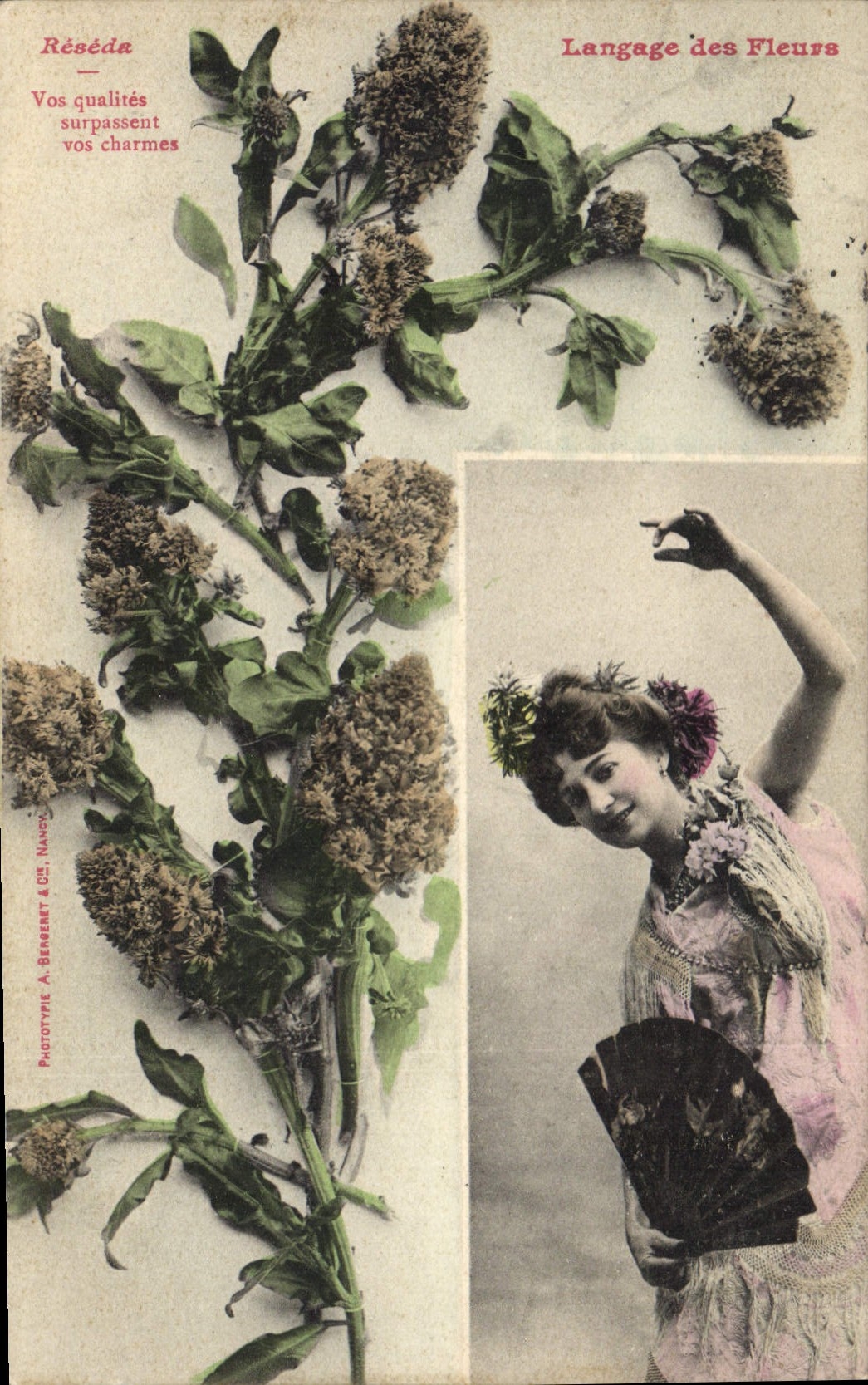 Vintage Postcard Fantasy Woman Language Range of the flowers