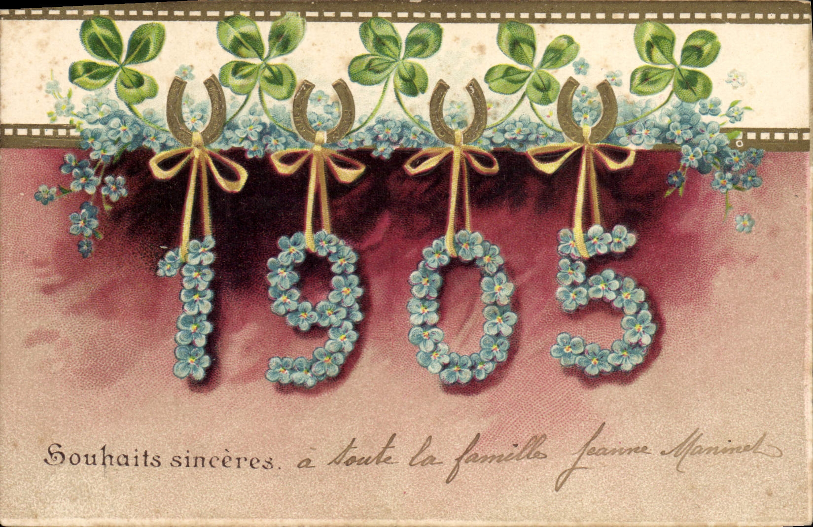 Vintage Postcard Fantaisie Flowers Year 1905 Horseshoe Trefles