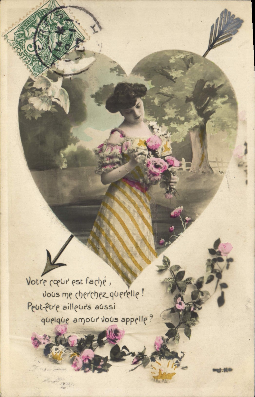 Vintage Postcard Fantasy Flowers Woman Heart