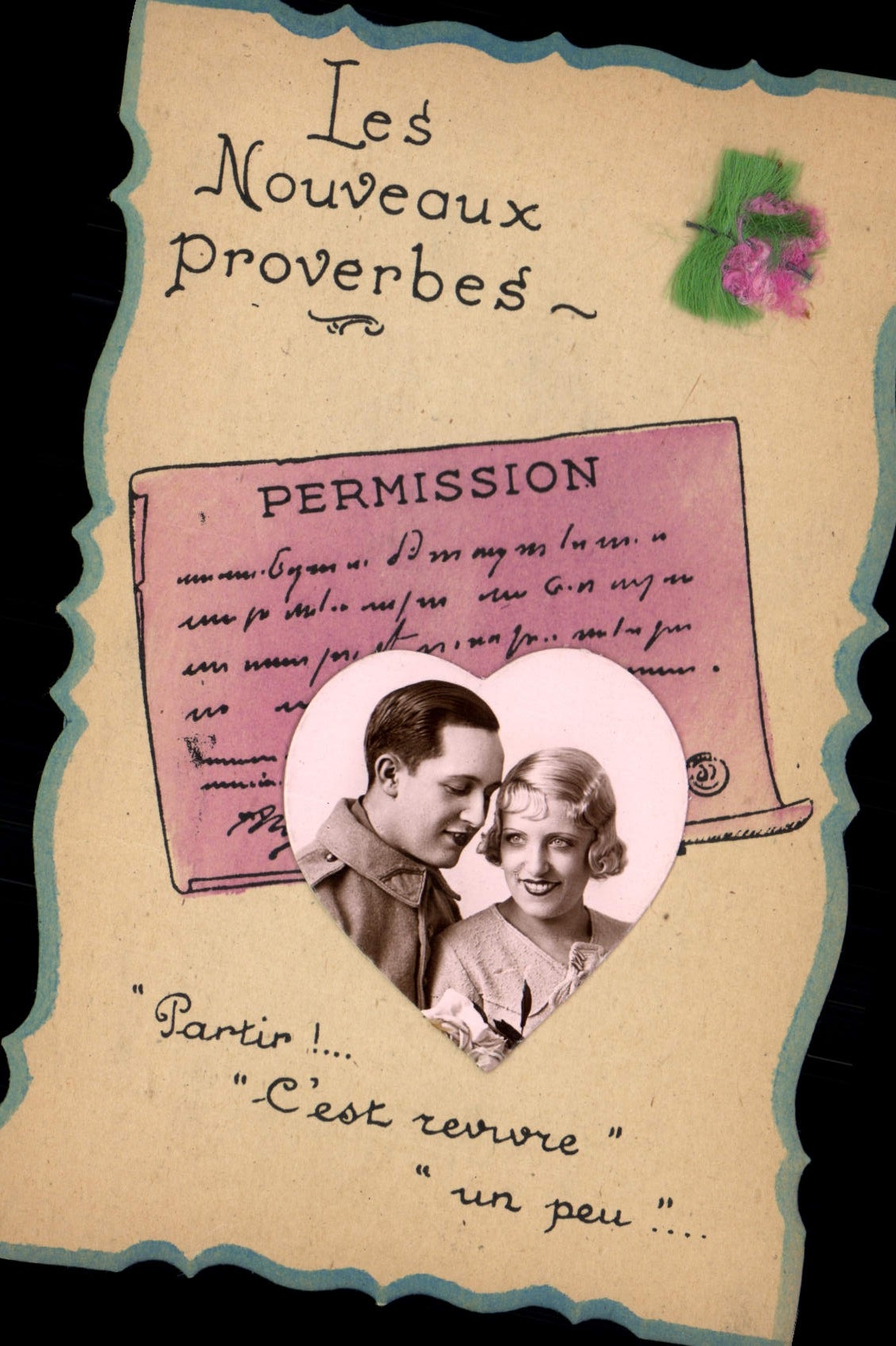 Vintage Postcard Fantasy Woman Heart Militaria Permission