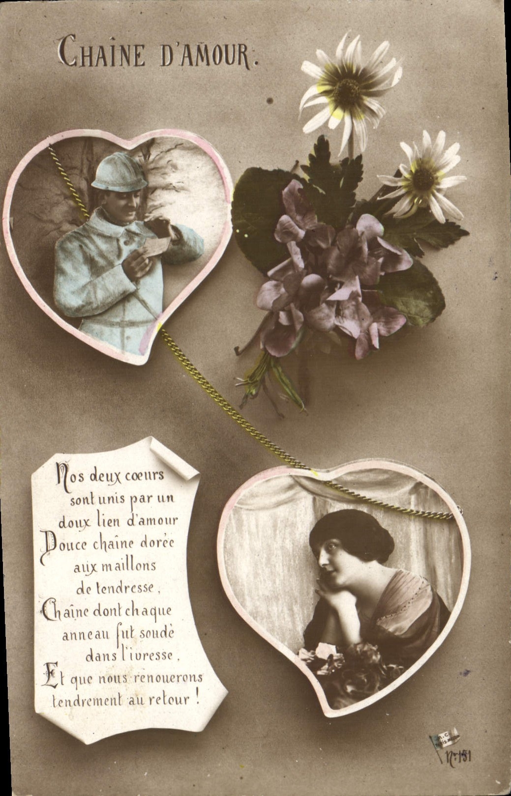 Vintage Postcard Fantasy Flowers Woman Heart Militaria Soldier
