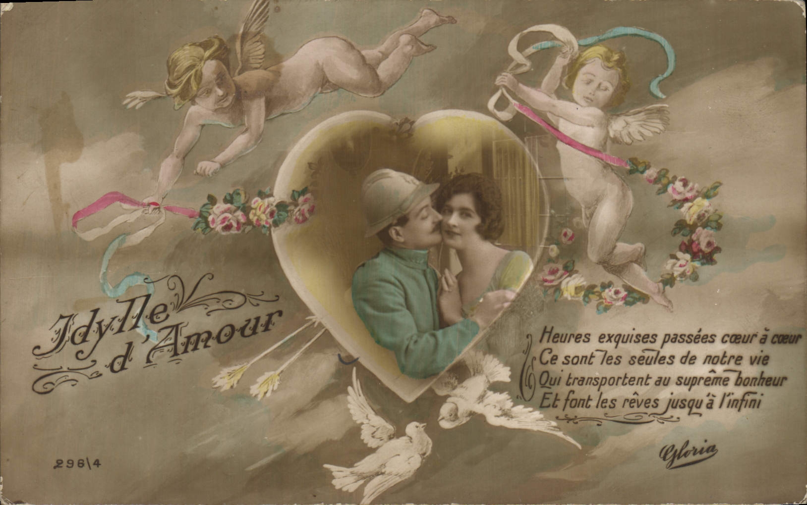 Vintage Postcard Fantasy Flowers Woman Heart Soldier Militaria Angels