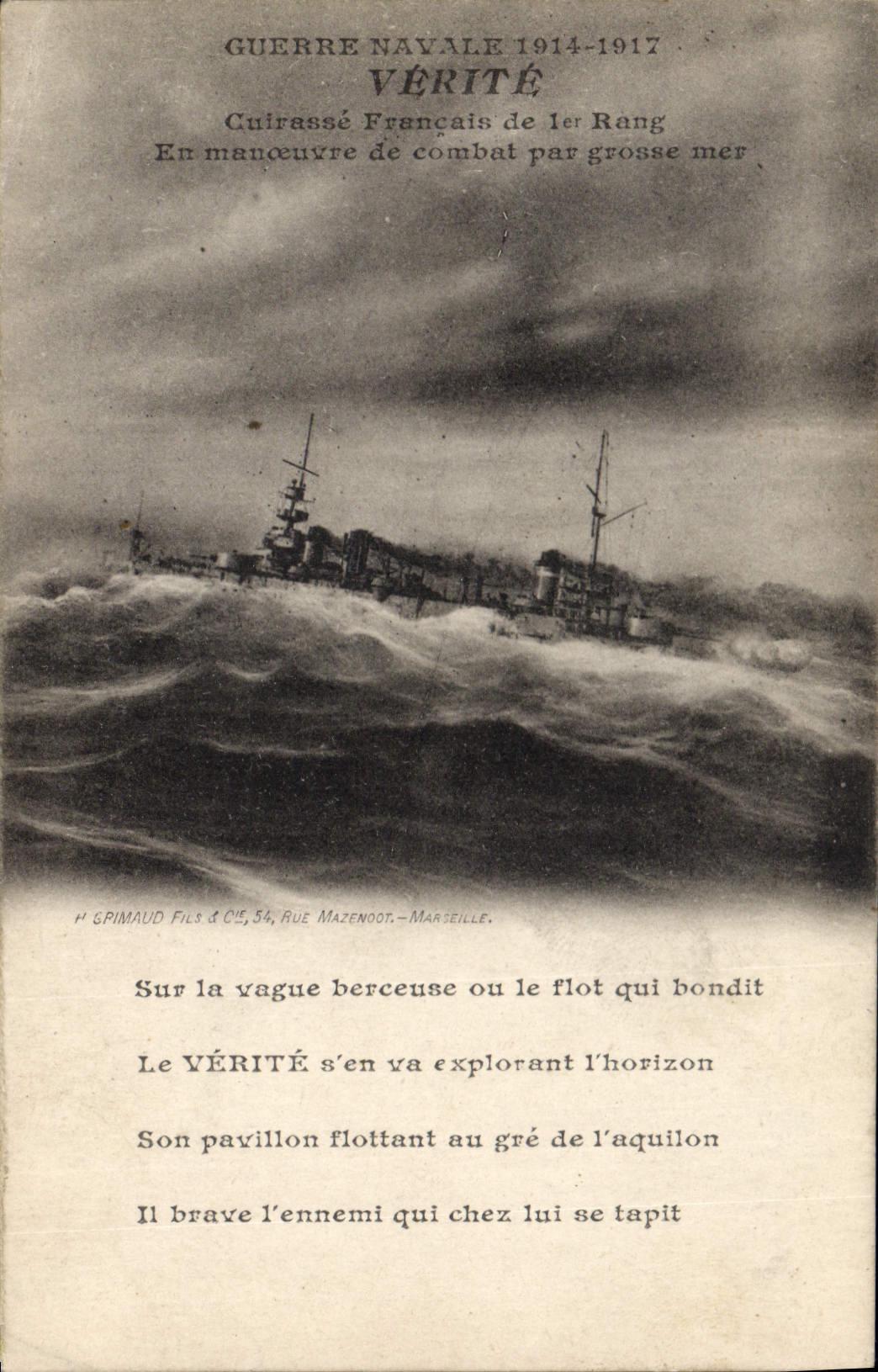 Vintage Postcard Warship Truth Armours French 1st rank in operation of combat by heavy sea