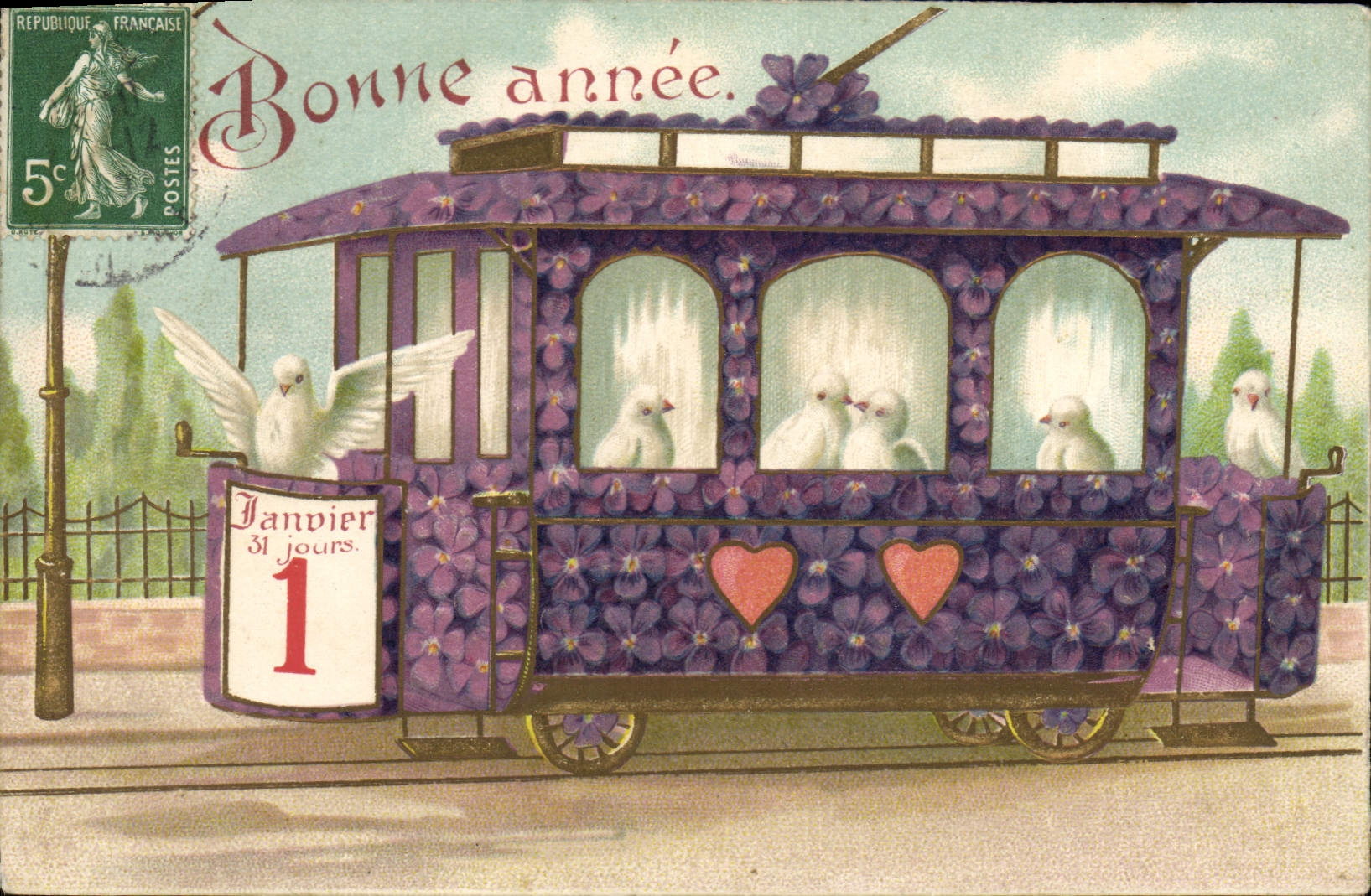 Vintage Postcard Fantasy Flowers Tram Doves Happy new year