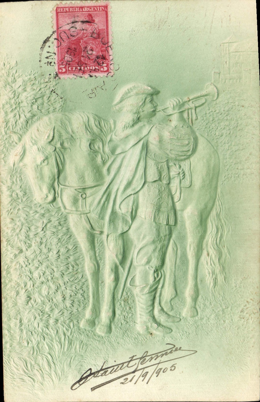 Postal Fantasia Hombre Caballo (en relieve)