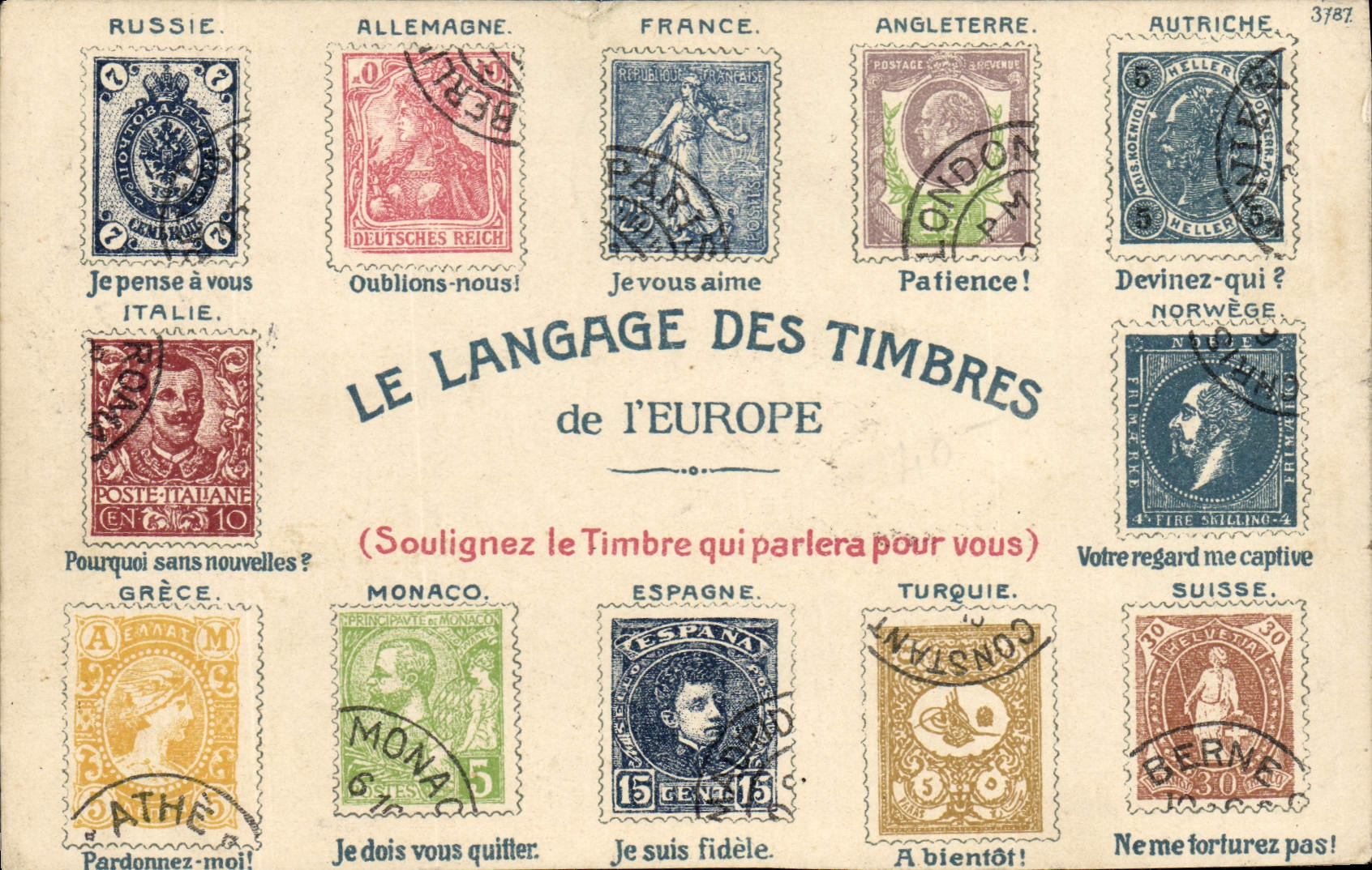 Vintage Postcard Fantasy the Language of the stamps Russia Germany France England Austria Italy Norway Greece Swiss Monaco Spain Turkey